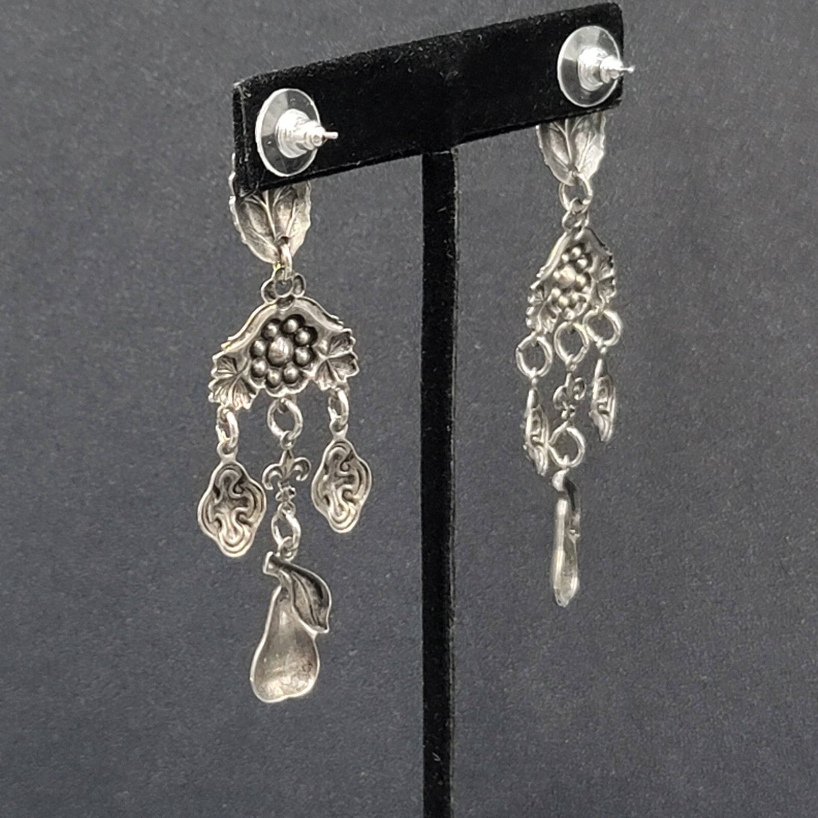 Vintage Pierced Earrings Silver tone Fruit Flowers Leaves Rhinestone 3"