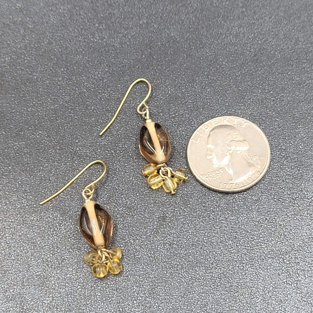 Pierced Earrings Gold tone Amber Color Glass Beads Dangle 1"