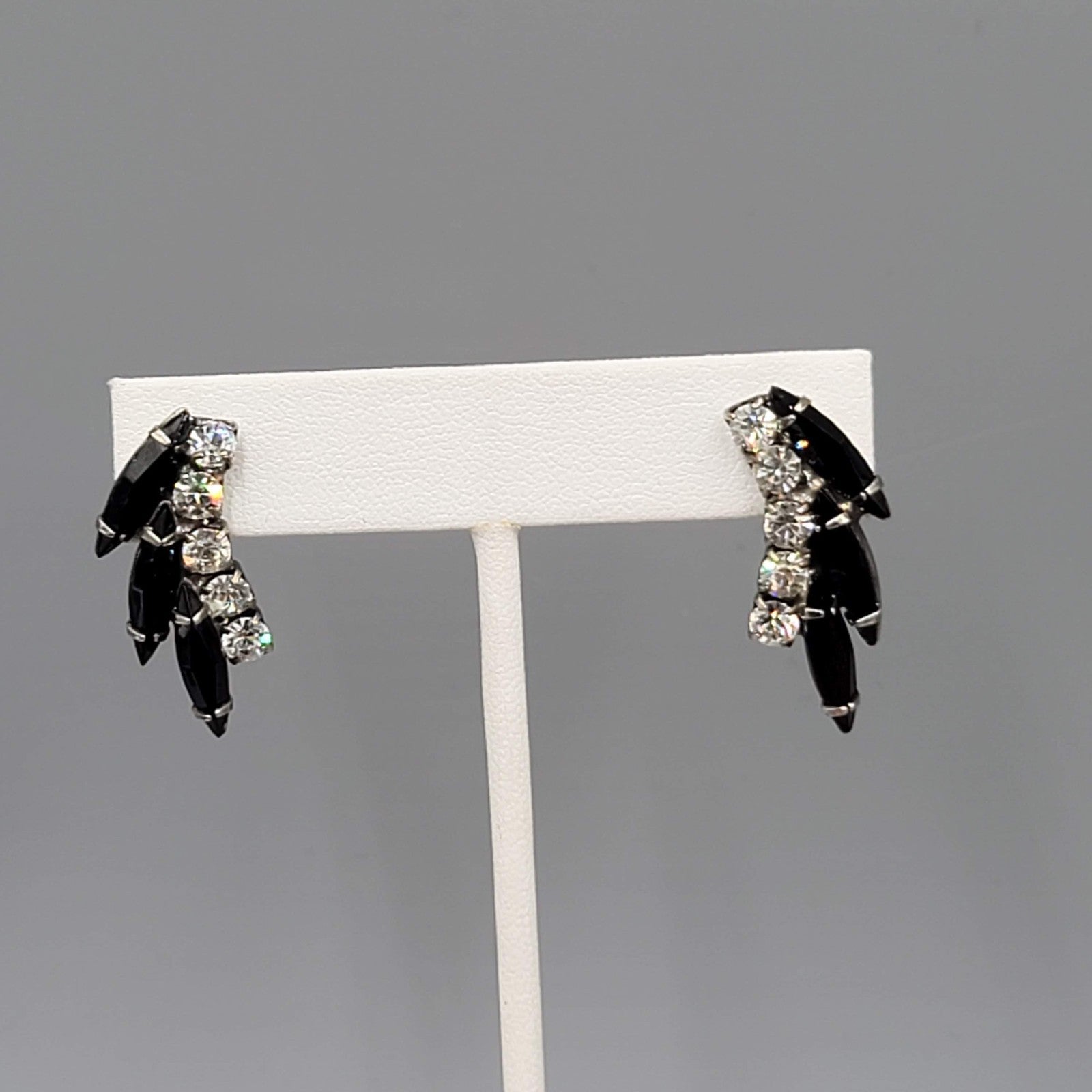 Vintage Black Clear Rhinestone Pierced Earrings Drop 1.25"