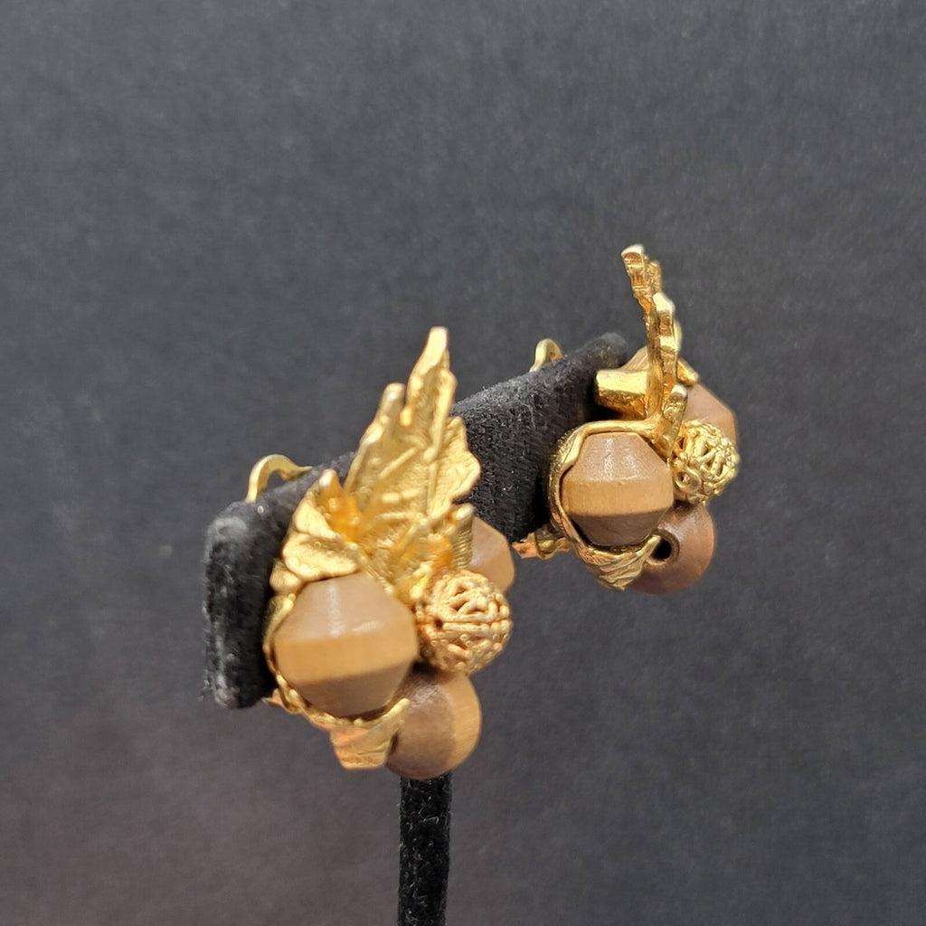 Vintage ART Clip on Earrings Gold Plated Wood Beads Leaf Design Climber 1.25"