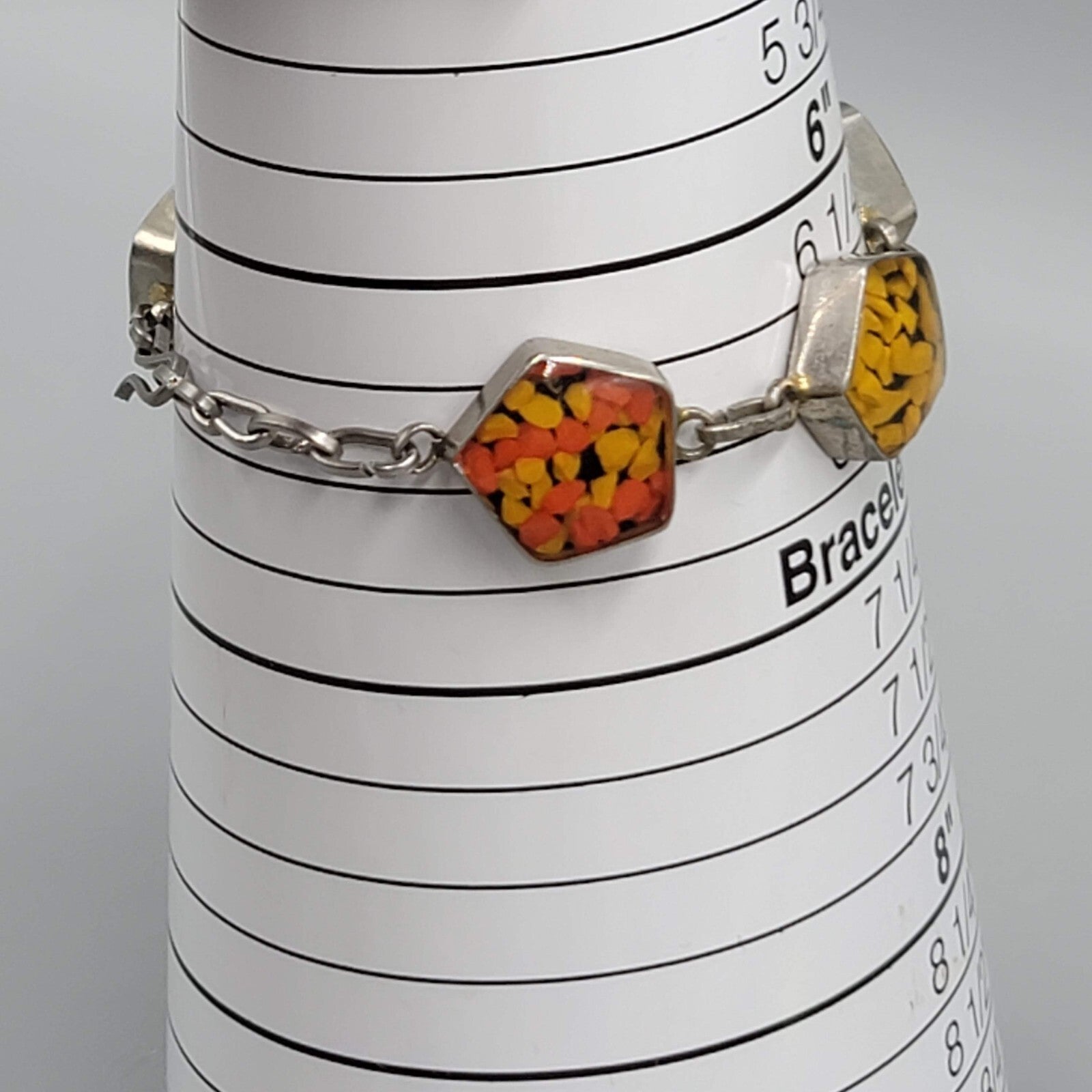 Confetti Resin Lucite Panel Bracelet Silver tone Orange Yellow 6.5"