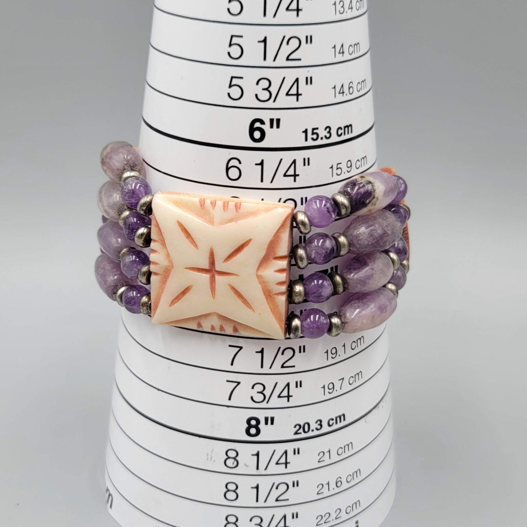 India Bracelet Hand Carved and Purple Amethyst Beads Silver tone 7 in