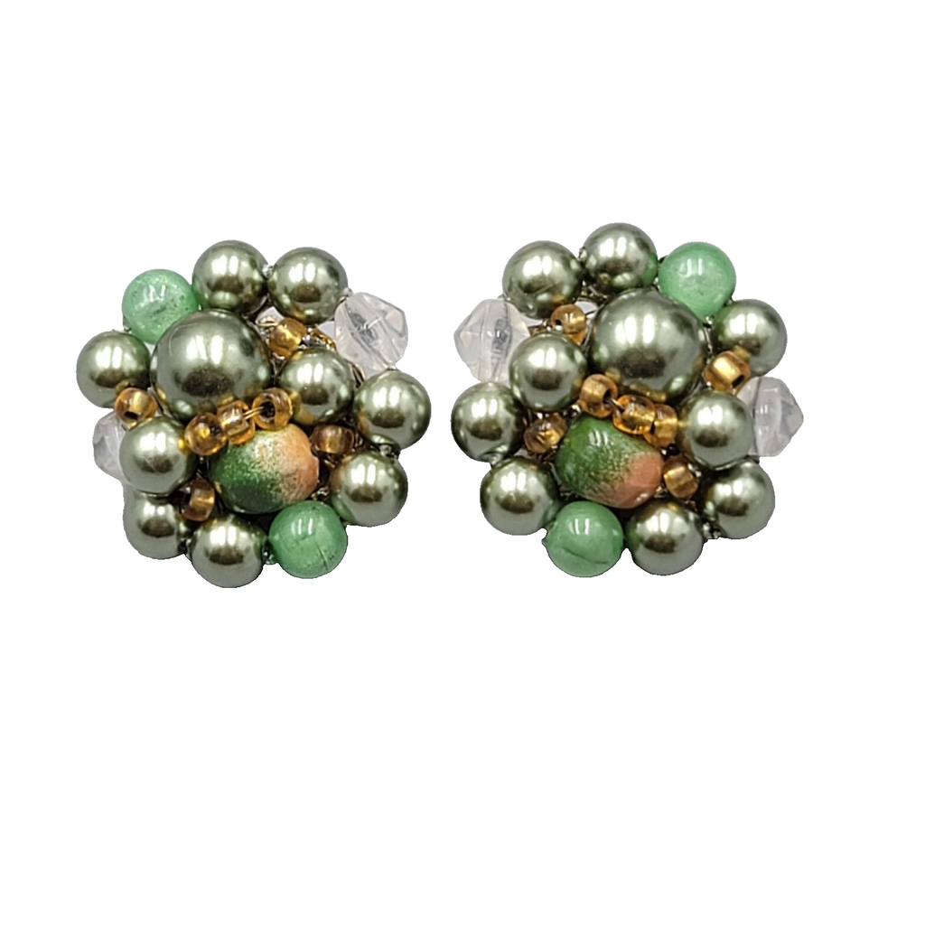 Vintage Green Cluster Bead Clip on Earrings 1"
