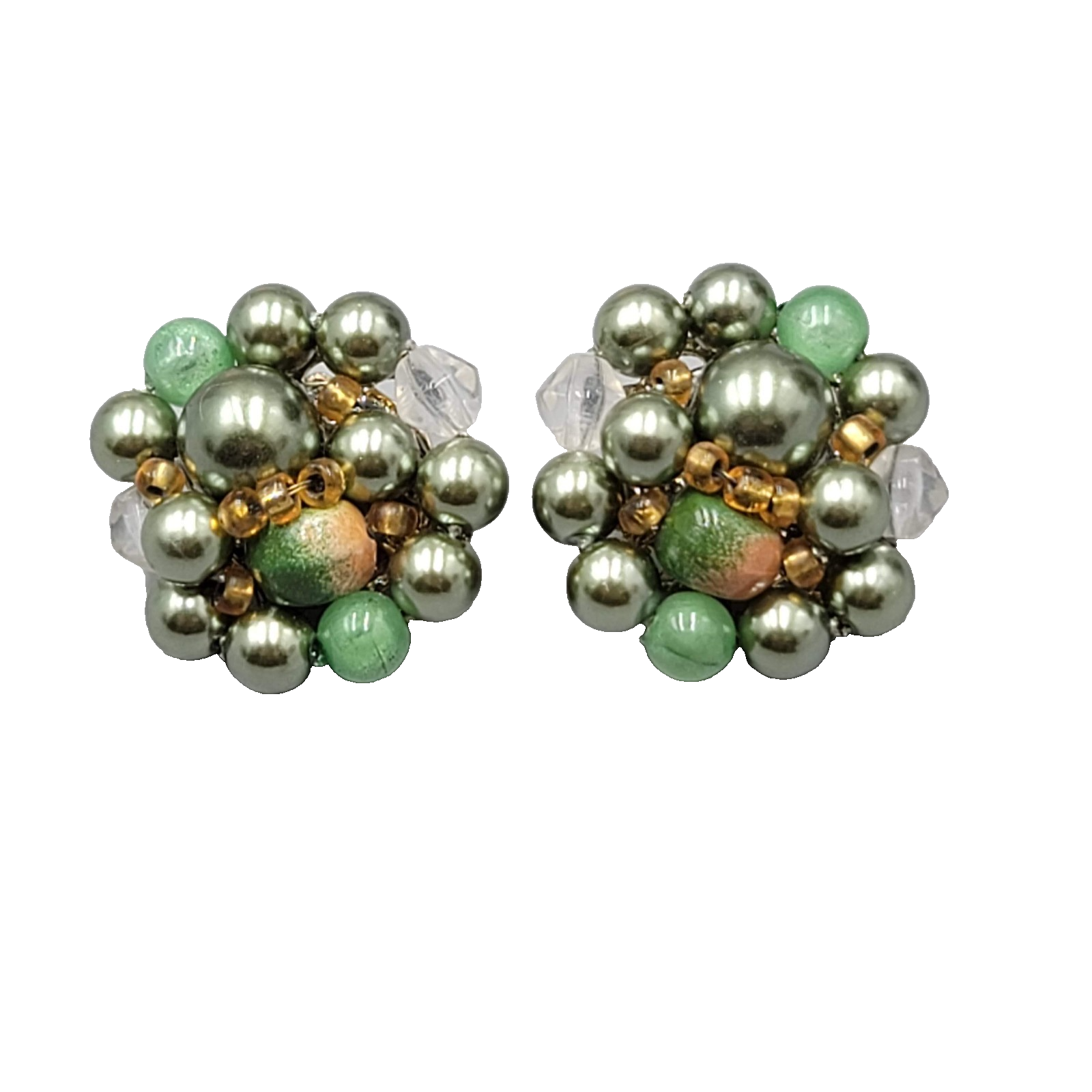 Vintage Green Cluster Bead Clip on Earrings 1"