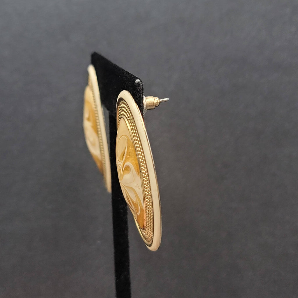 Vintage Pierced Earrings Gold tone Cream Swirl Enamel Long Oval Statement 1.75"