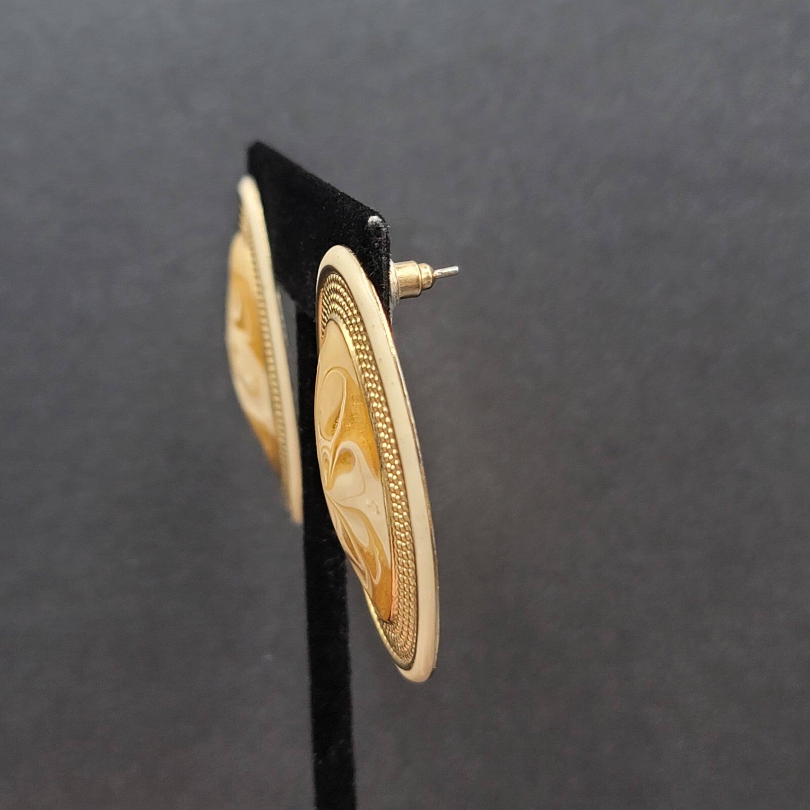 Vintage Pierced Earrings Gold tone Cream Swirl Enamel Long Oval Statement 1.75"
