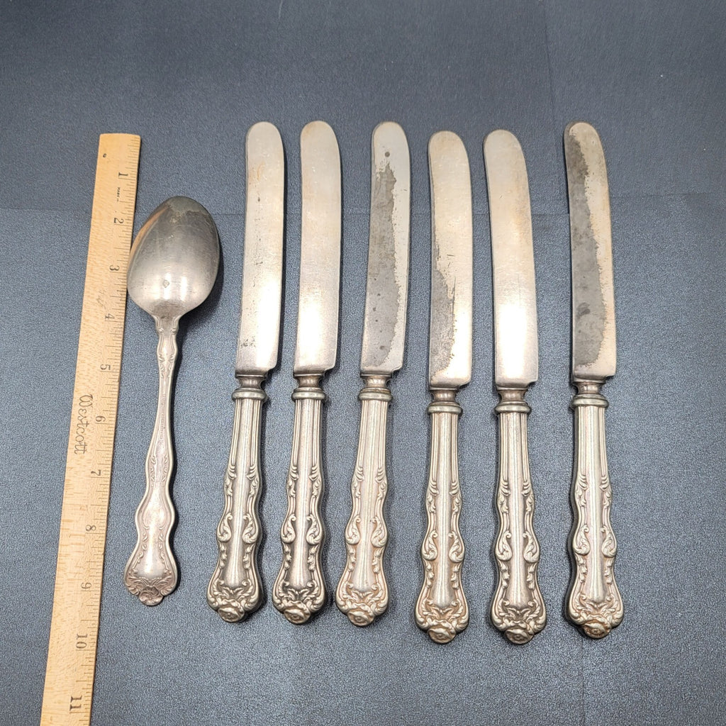 6 Antique Holmes Edwards Dinner Knives Flower 1 Serving Spoon