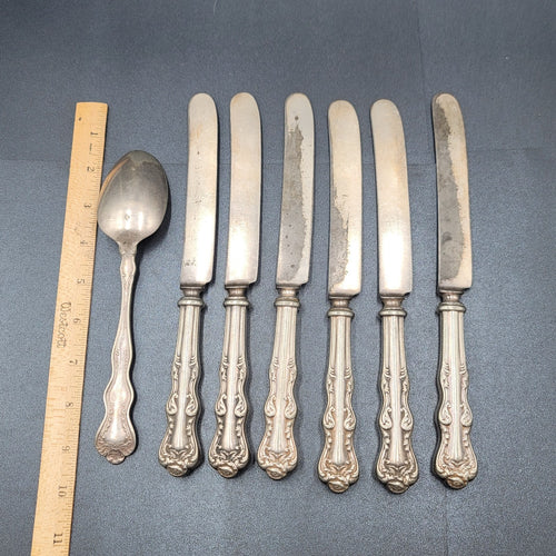 6 Antique Holmes Edwards Dinner Knives Flower 1 Serving Spoon