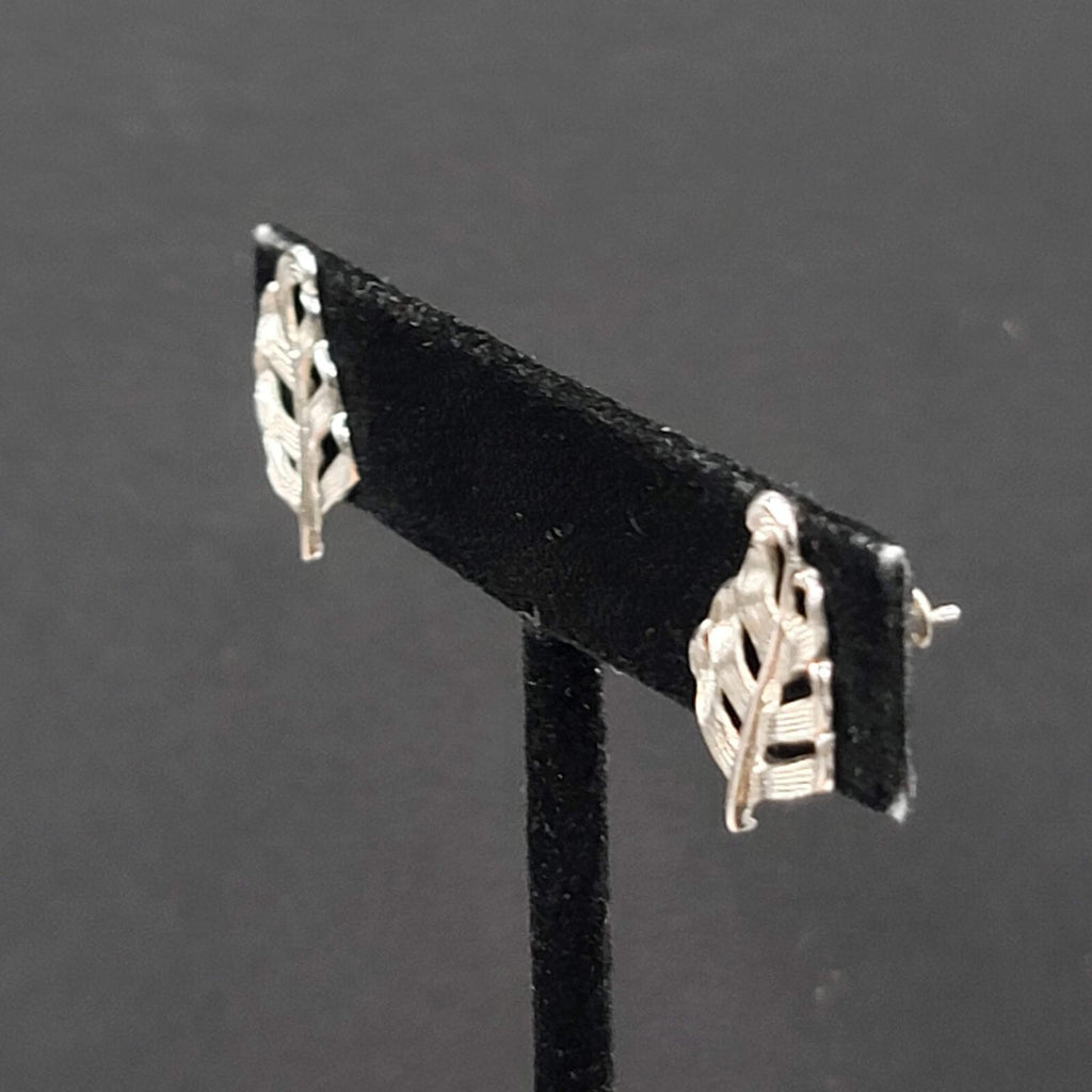 Vintage Pierced Earrings Embossed Leaf Silver Plated Studs 3/4"