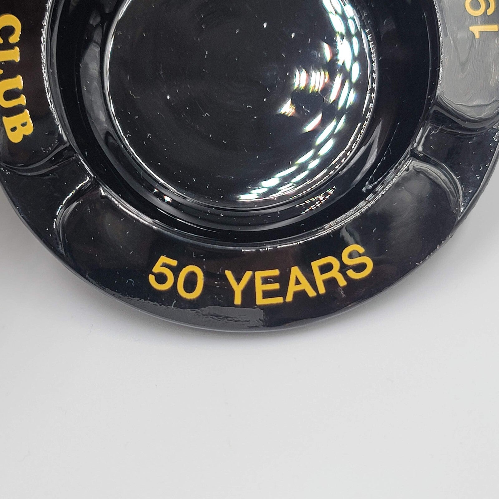 Vintage Ashtray Round Black Gold Print Harolds Club 50 Years 1935-1985 4"