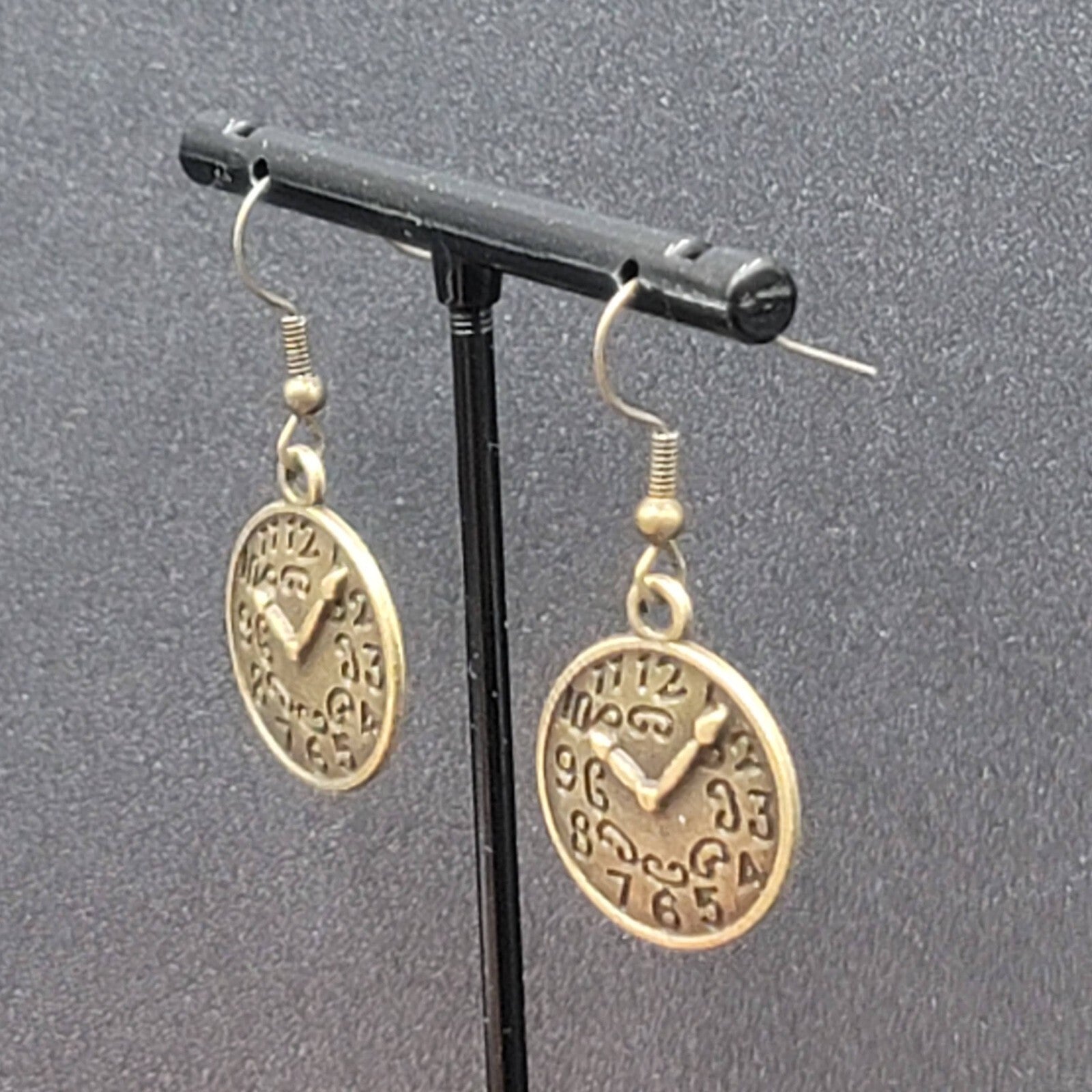 Clock Face Pierced Earrings Bronze tone Embossed Dangle 7/8"