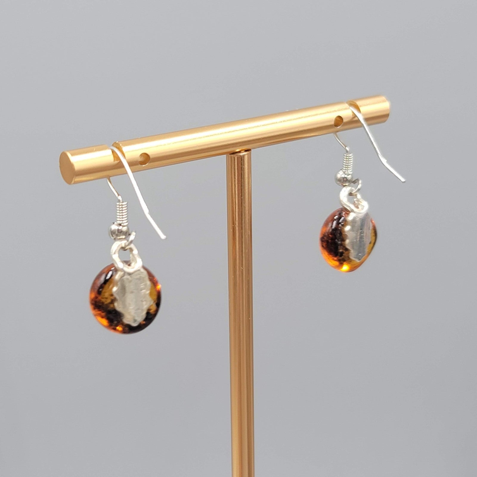 Round Brown Glass Pierced Earrings Silver tone Dainty Dangle 1/2"
