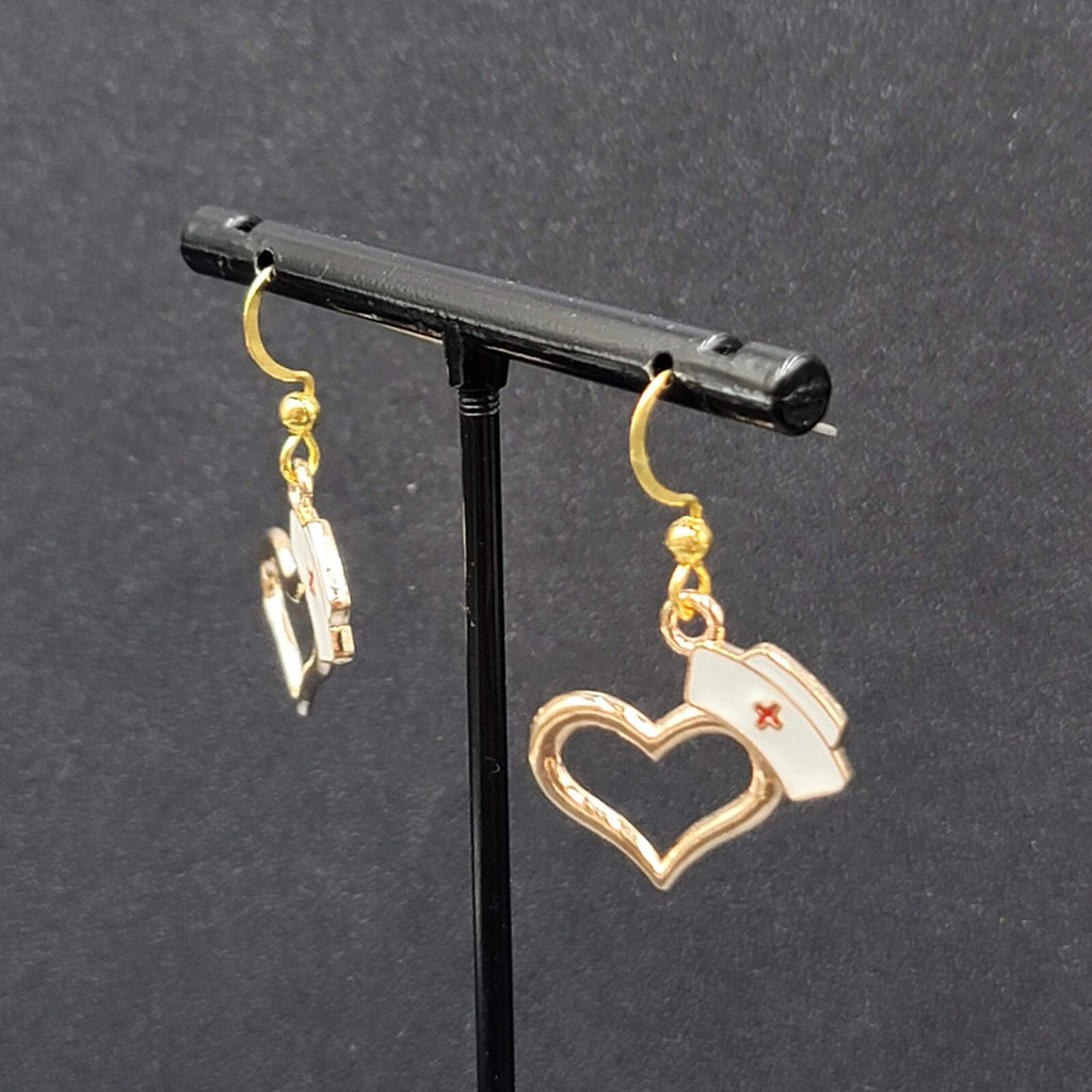Nurse Heart Pierced Earrings Red White Enamel Gold tone Dangle 3/4"