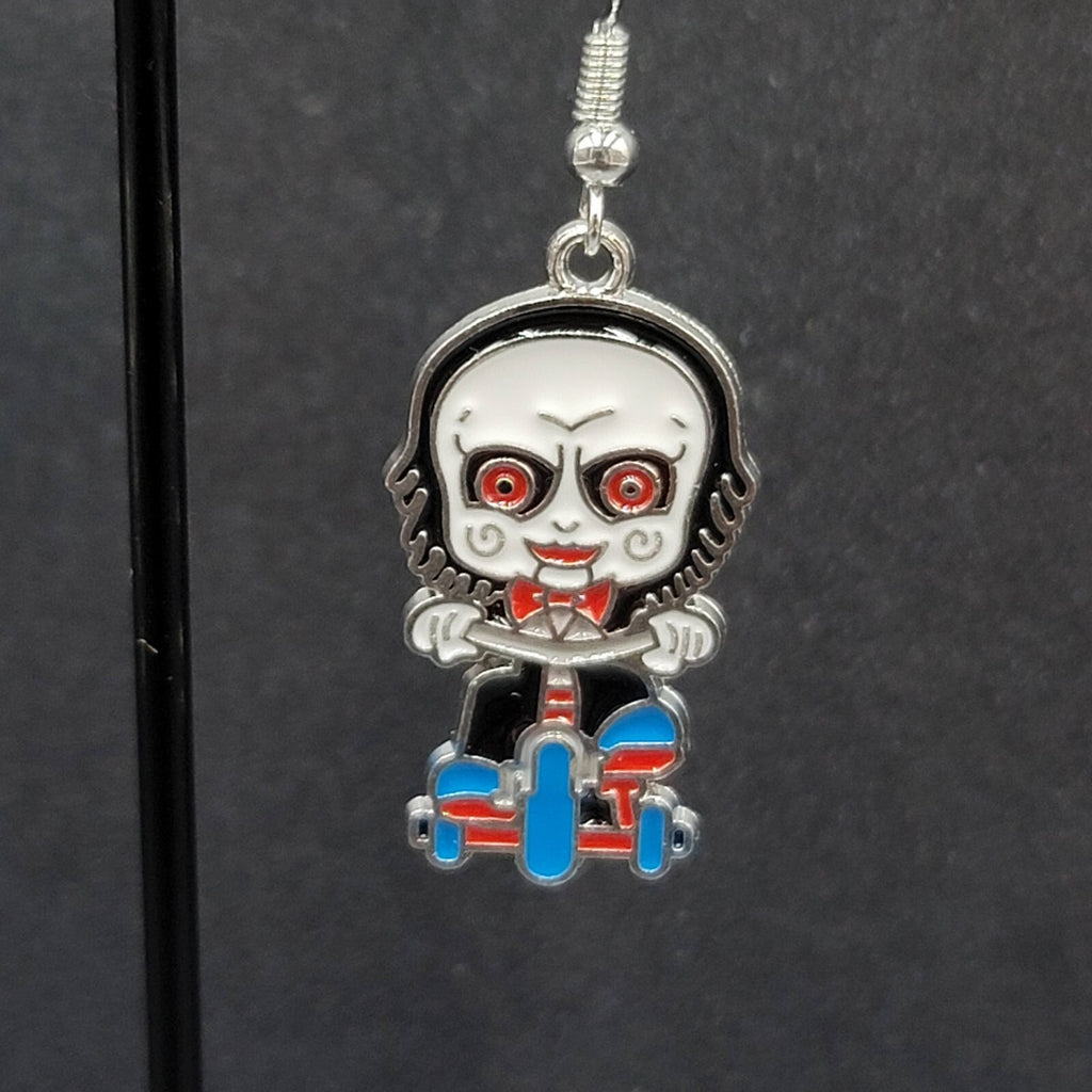Jigsaw Pierced Earrings Enamel Silver tone SAW Horror Movie Dangle 1.25" FS