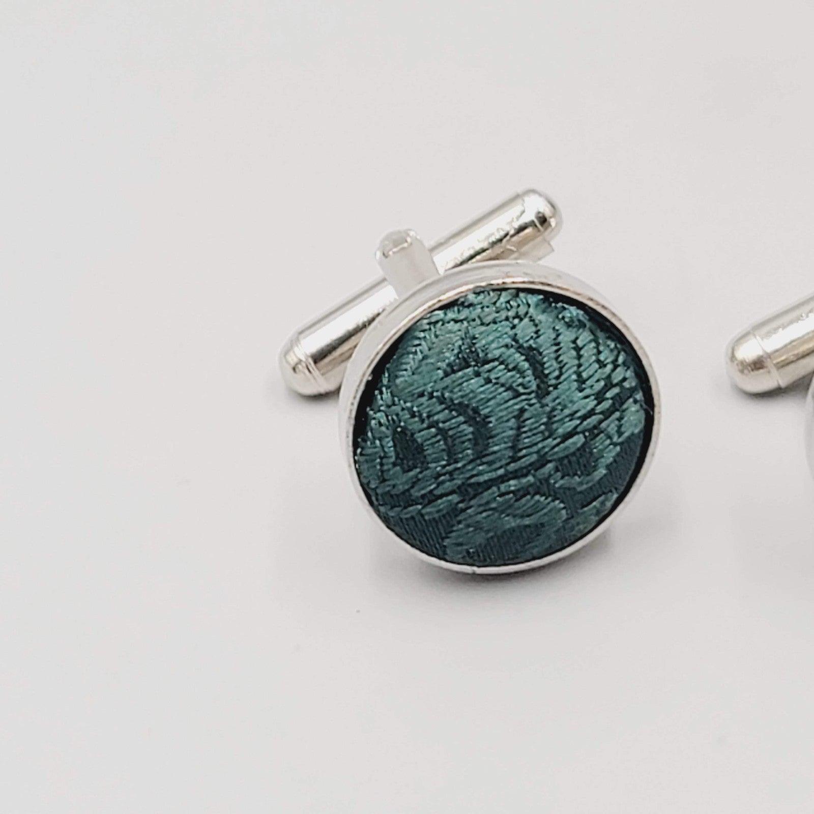 Mens Cufflinks Silver tone Round Dark Green Fabric Modern 5/8"