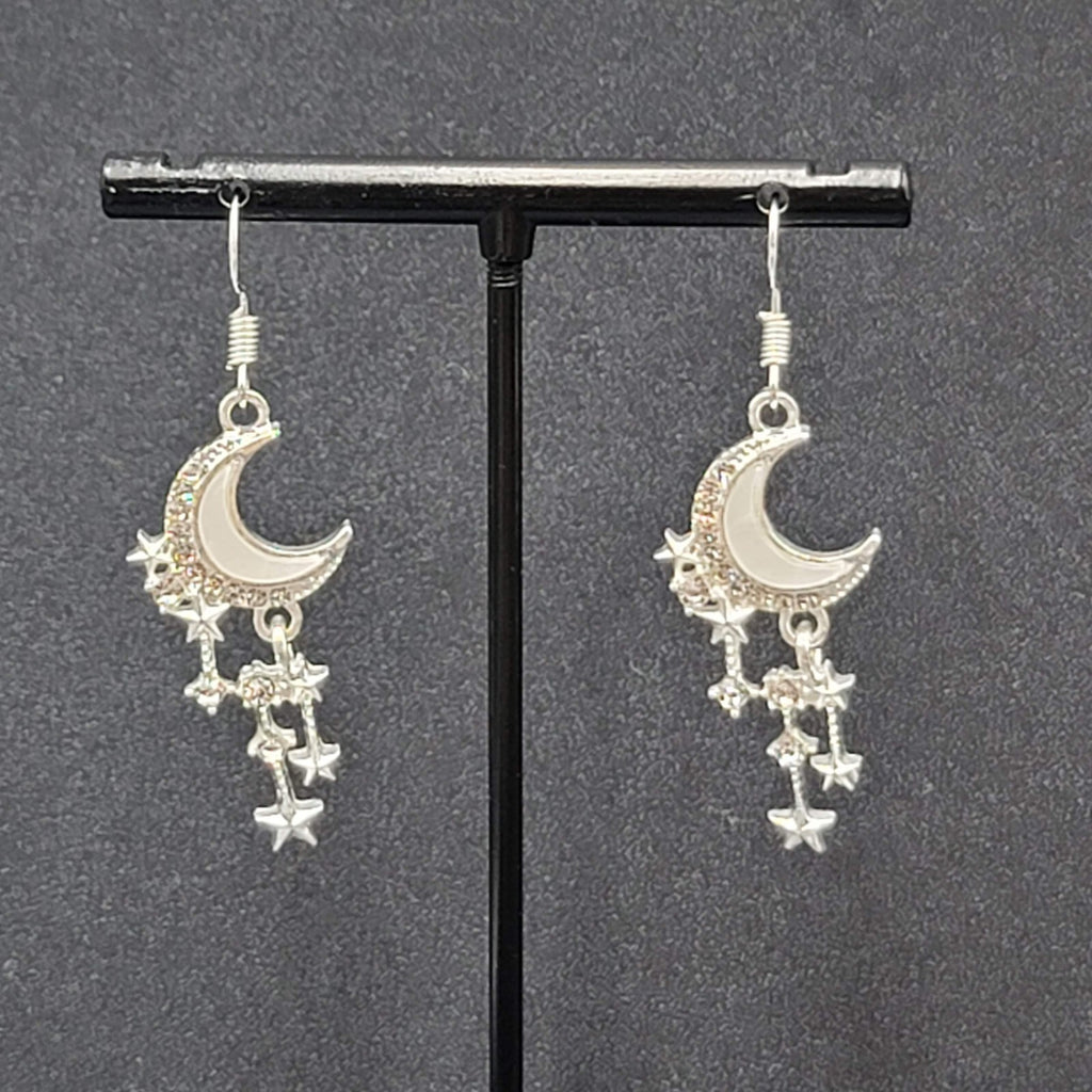 Moon Pierced Earrings Silver tone Crystal Rhinestone Dangle 1.5"
