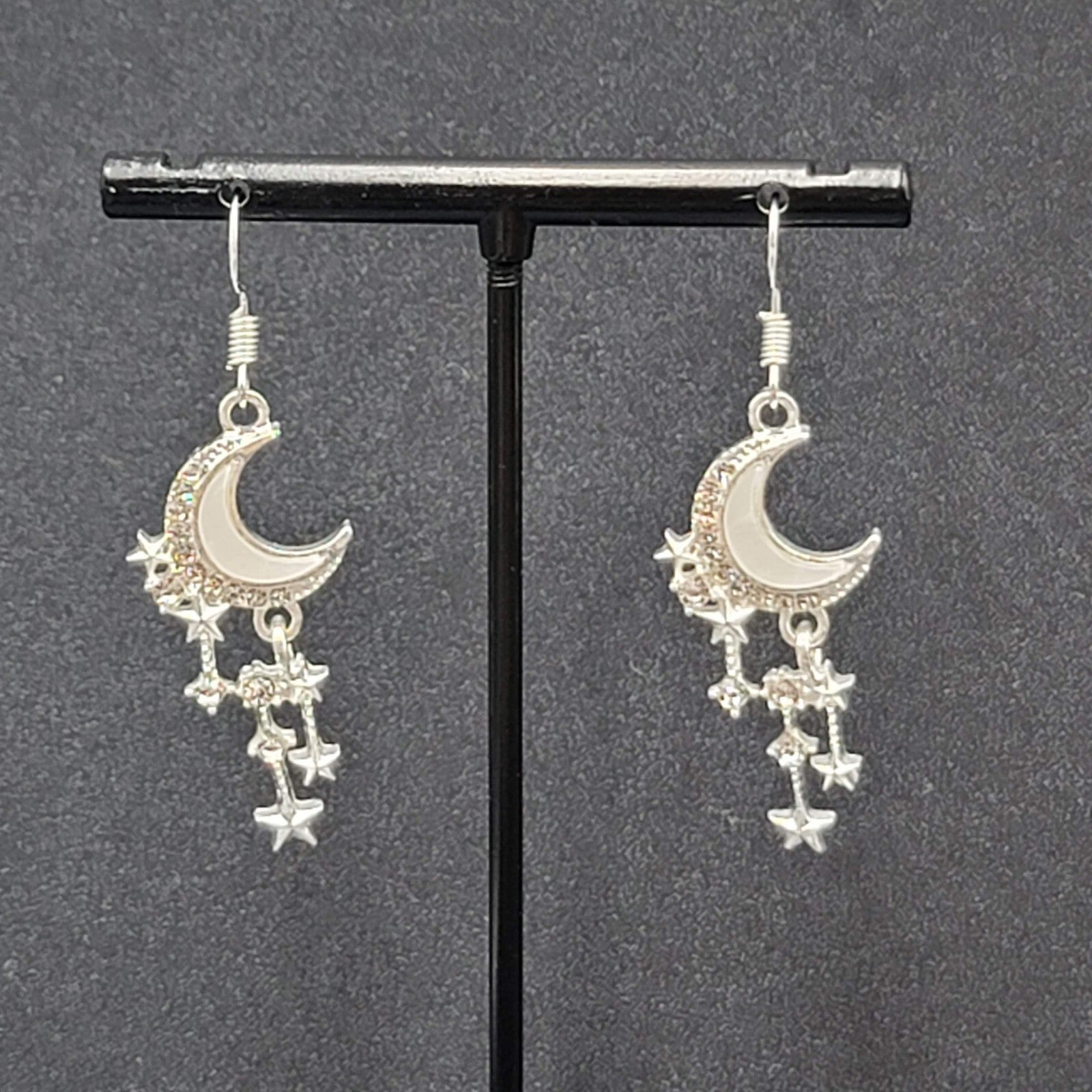 Moon Pierced Earrings Silver tone Crystal Rhinestone Dangle 1.5"