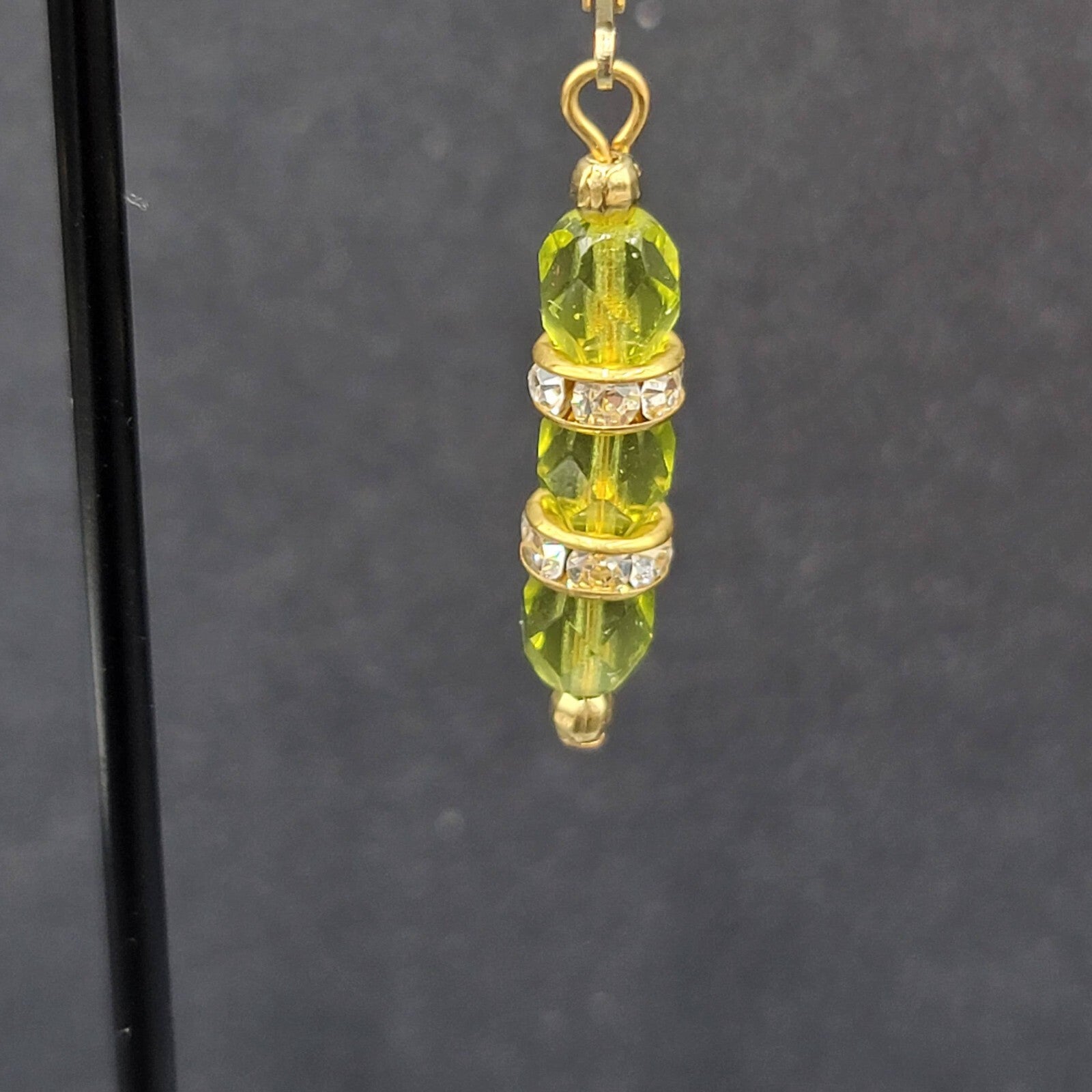 Pierced Earrings Green Faceted Bead Rhinestone Spacers Dangle 1.25"