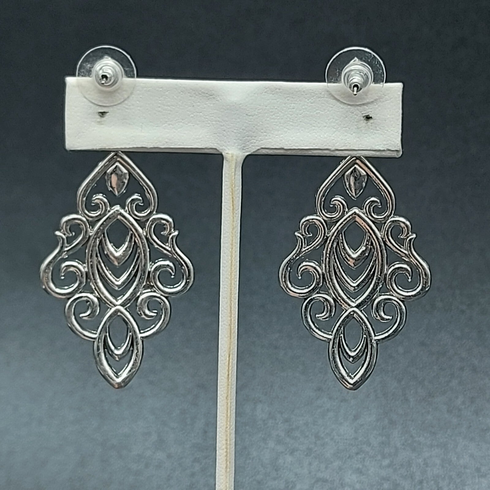 Pierced Earrings Silver tone Dangle Teardrop Crystal 2.5" Wedding Prom Statement