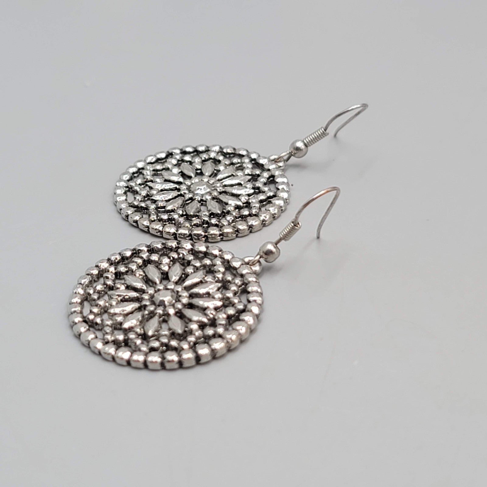 Open Work Flower Medallion Pierced Earrings Silver tone Dangle 1.25 in