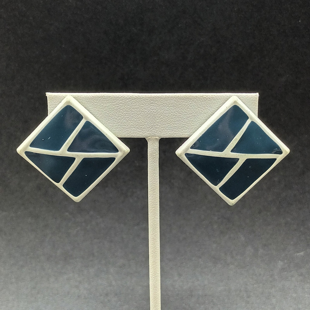 Vintage Pierced Earrings White Blue Enamel Geometric Drop 1 3/8"