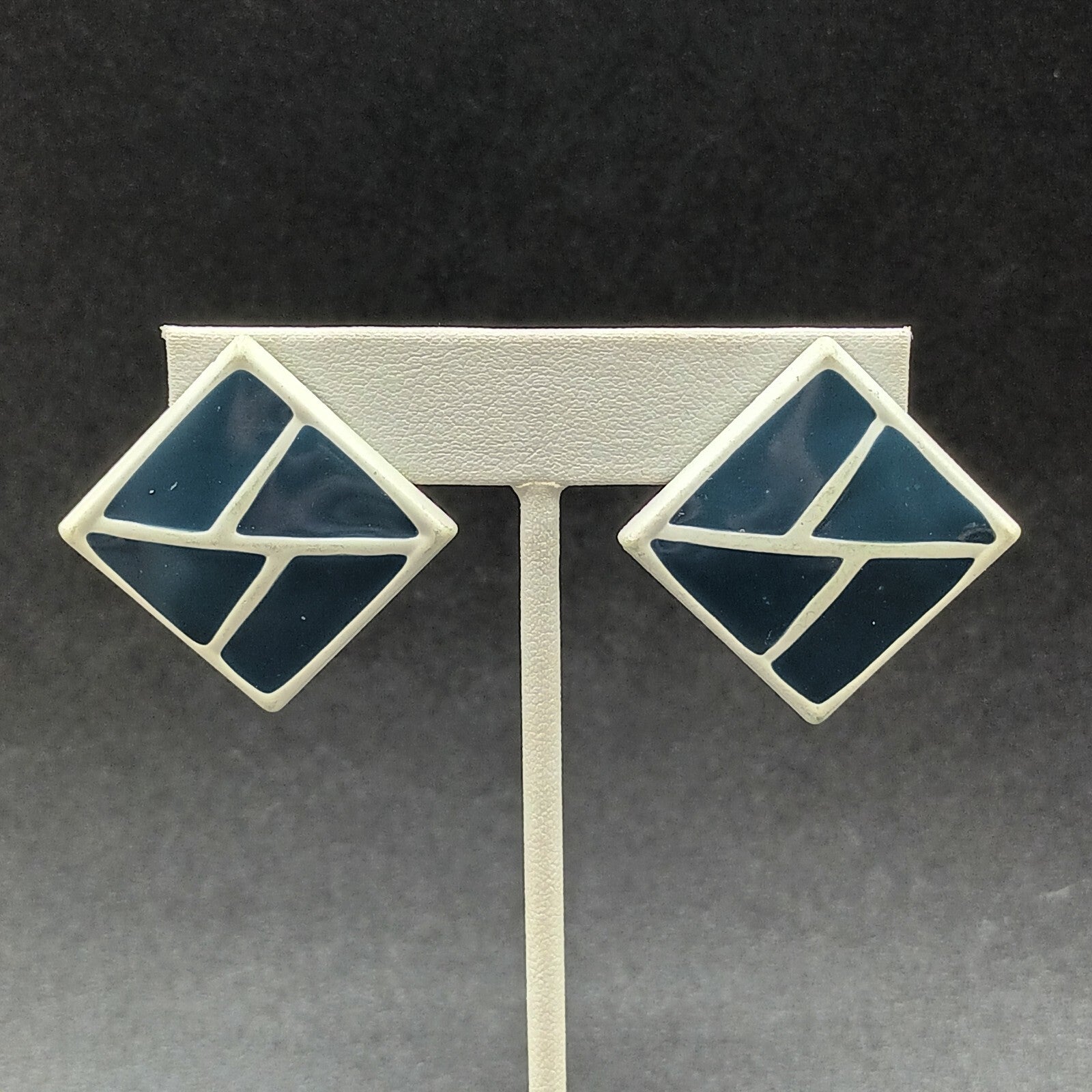 Vintage Pierced Earrings White Blue Enamel Geometric Drop 1 3/8"