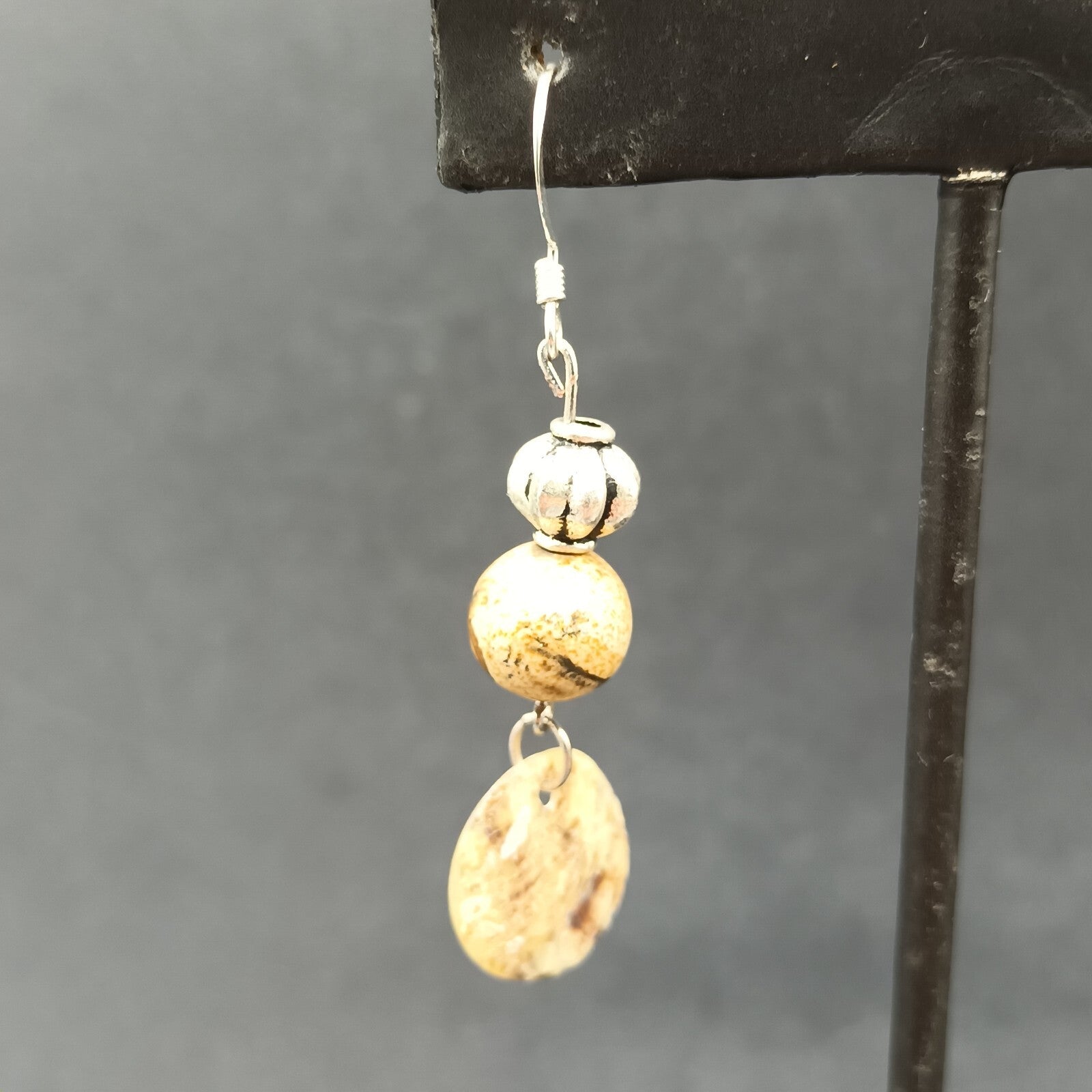 Pierced Earrings Silver tone Beaded Shell Statement Dangle 1 1/2"
