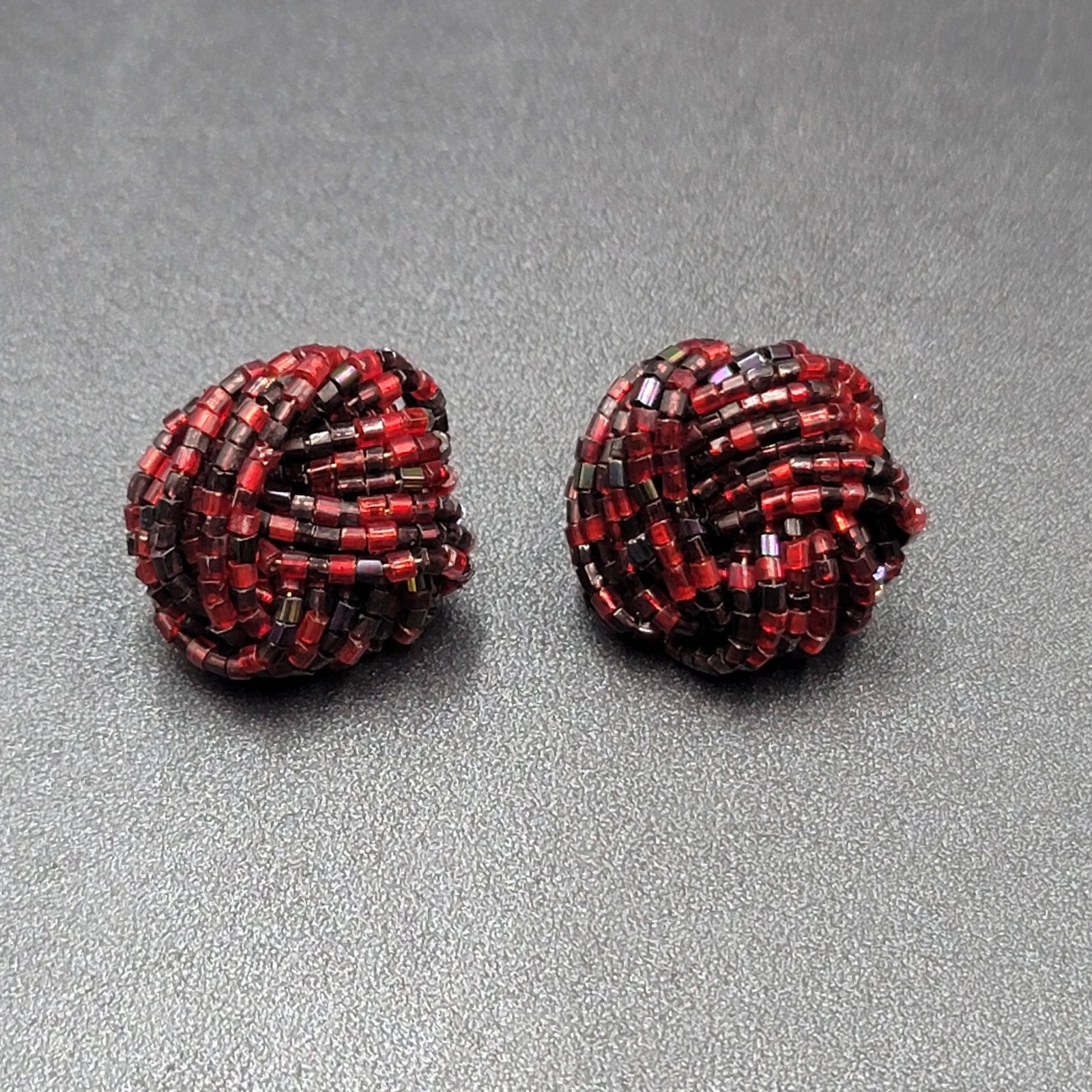 Vintage Pierced Earrings Red Black Seed Bead Cluster Knot 1"