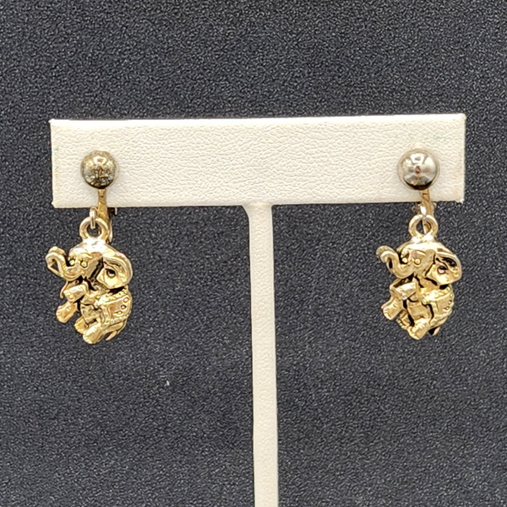 Vintage Clip on Earrings Gold tone Elephant Dangle 3/4"