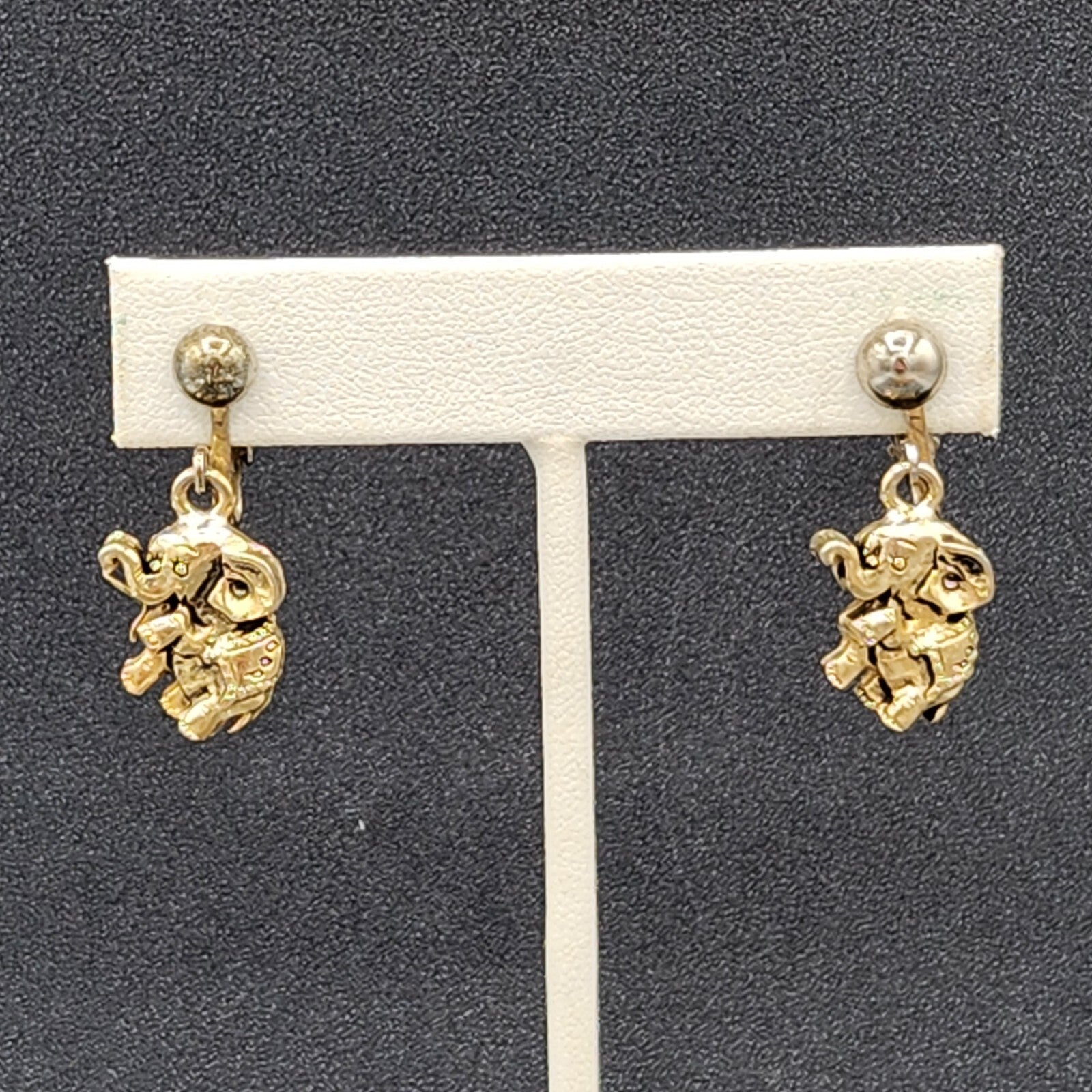 Vintage Clip on Earrings Gold tone Elephant Dangle 3/4"