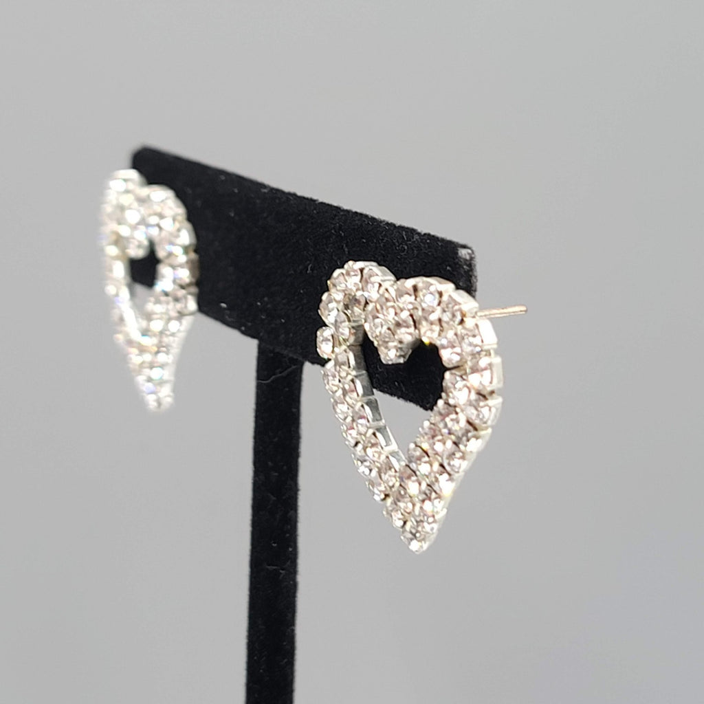 Rhinestone Open Heart Pierced Earrings Silver tone Drop 1 in