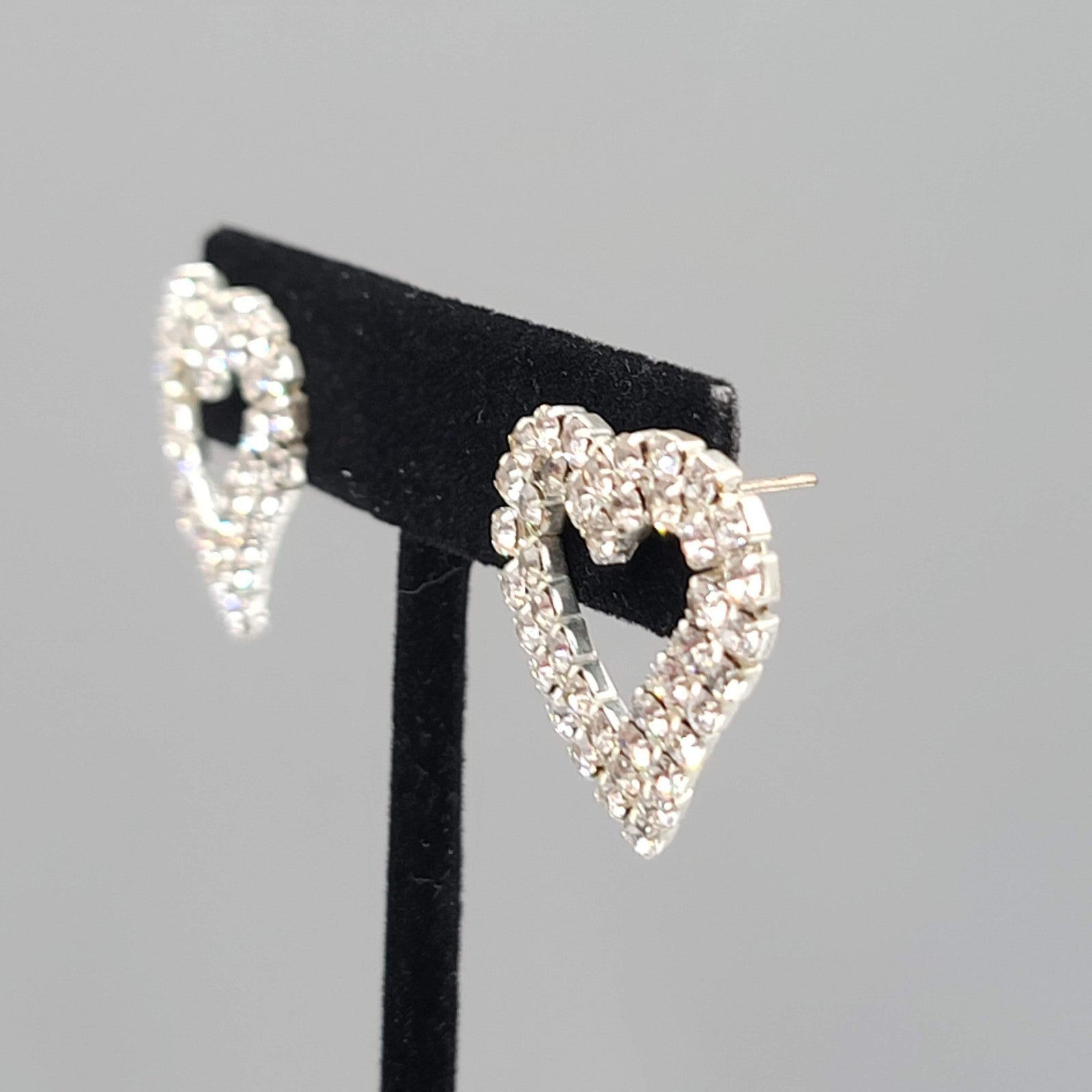 Rhinestone Open Heart Pierced Earrings Silver tone Drop 1 in
