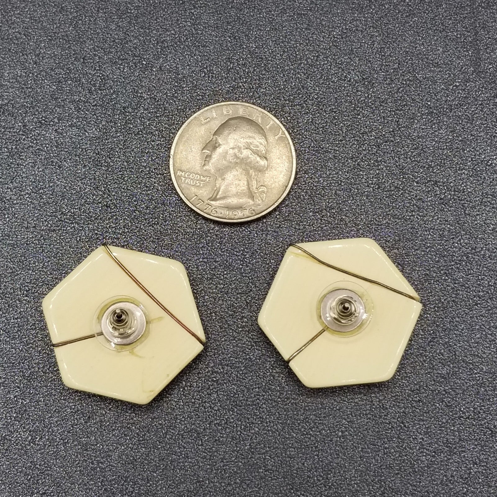 Vintage 1980's Pierced Earrings Cream Acrylic with Gold Line Hexagon Stud 1 1/4"