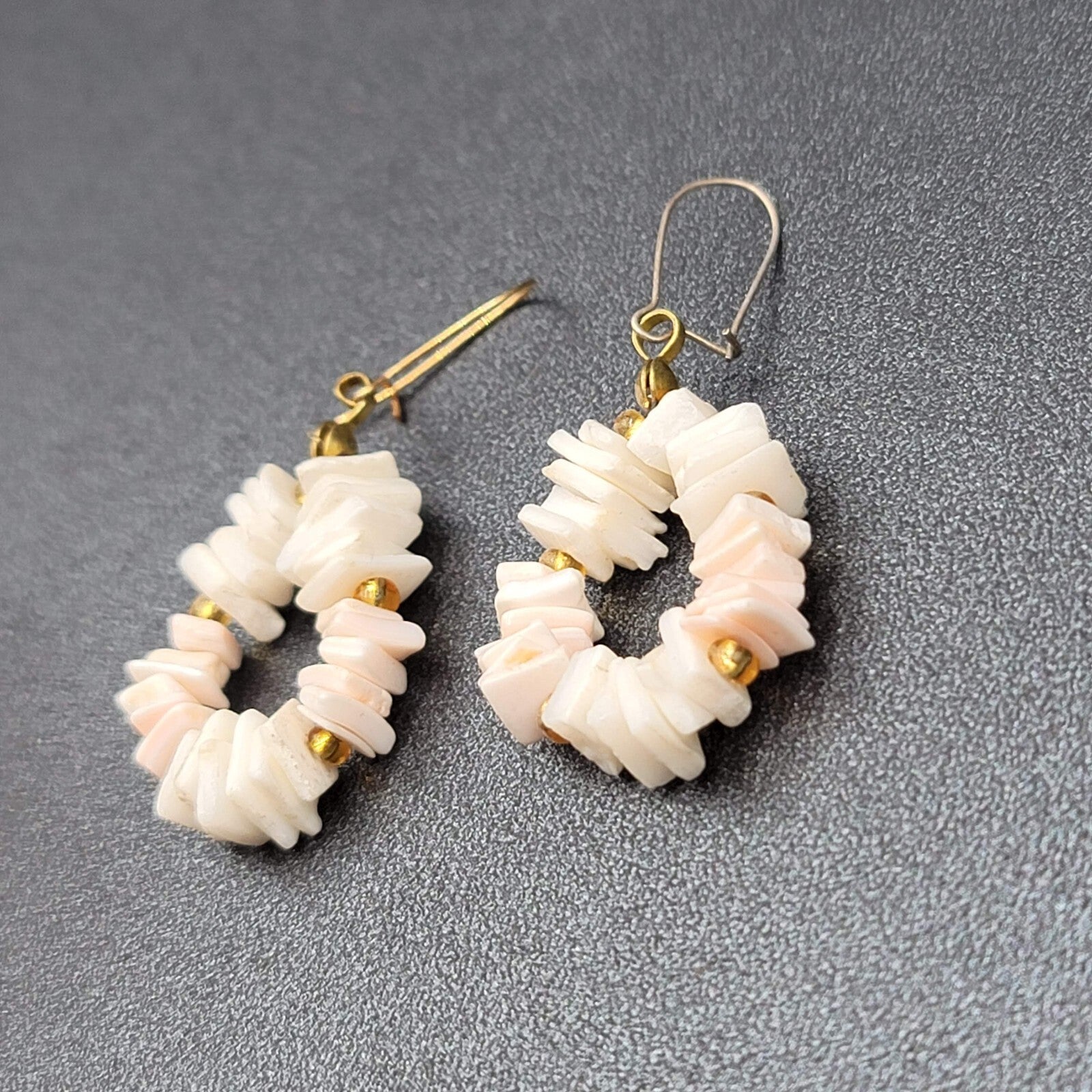 Vintage Heishi Pierced Earrings Shell Beads Dangle 1.25"