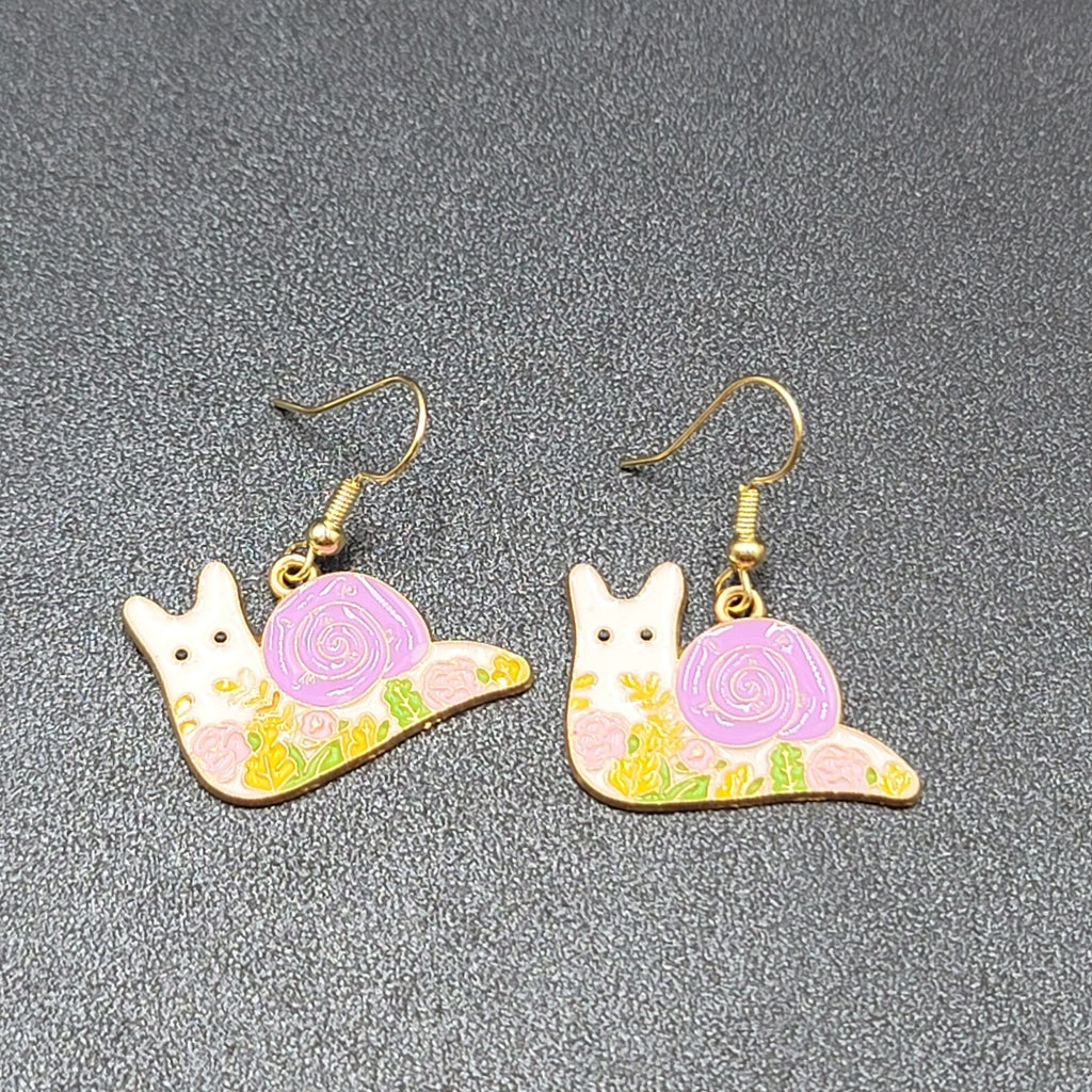 Purple Snail Pierced Earrings Gold tone Enamel Flowers Dangle 3/4"