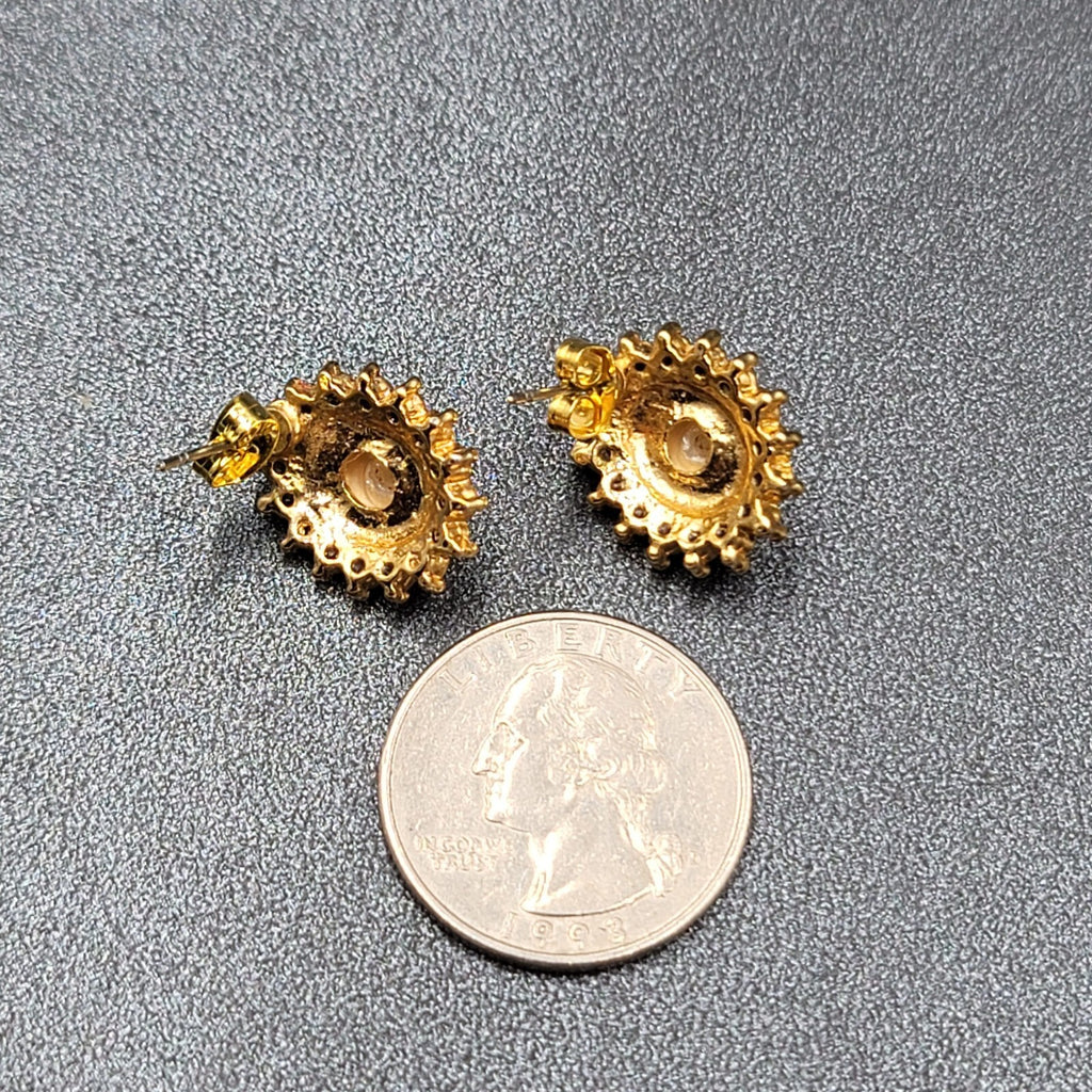 Pierced Earrings Gold Plated Crystal Oval Iridescent Cabochon Studs 5/8"