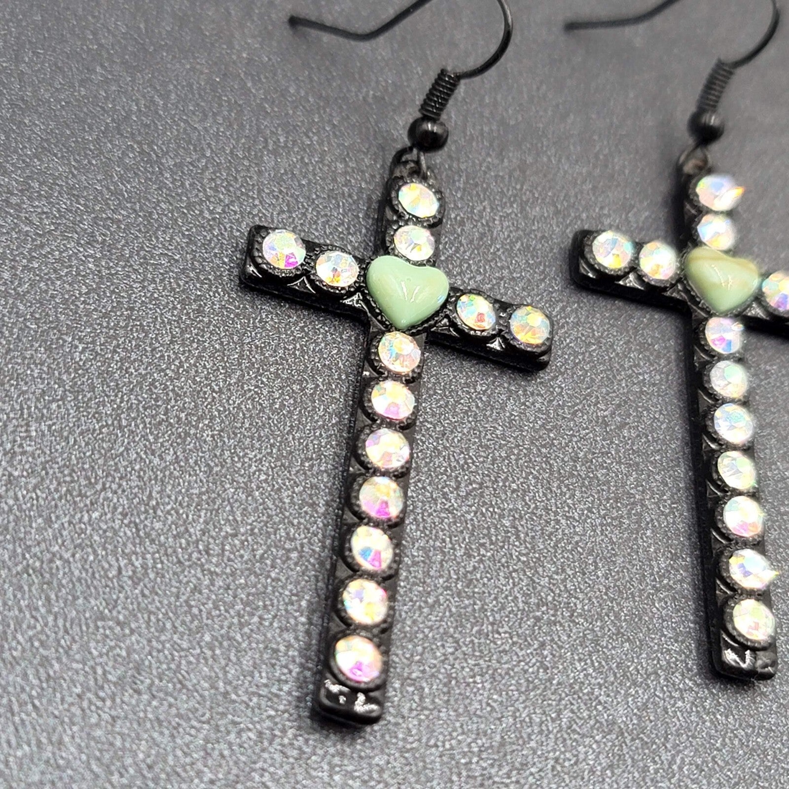 Cross Heart Pierced Earrings Black Metal Enamel AB Rhinestones Dangle 1 7/8"