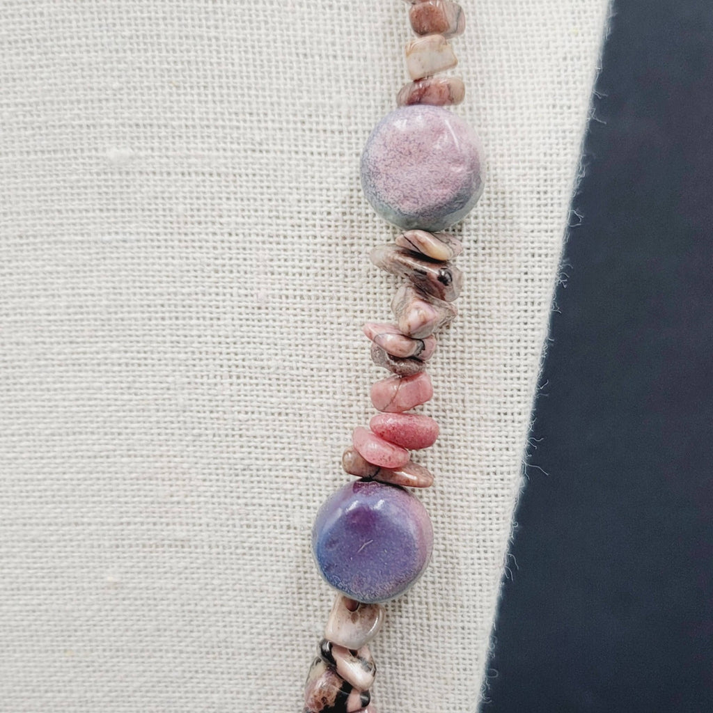 Pink Agate Stone and Pottery Art Bead Necklace 26" Barrel Clasp Artisan