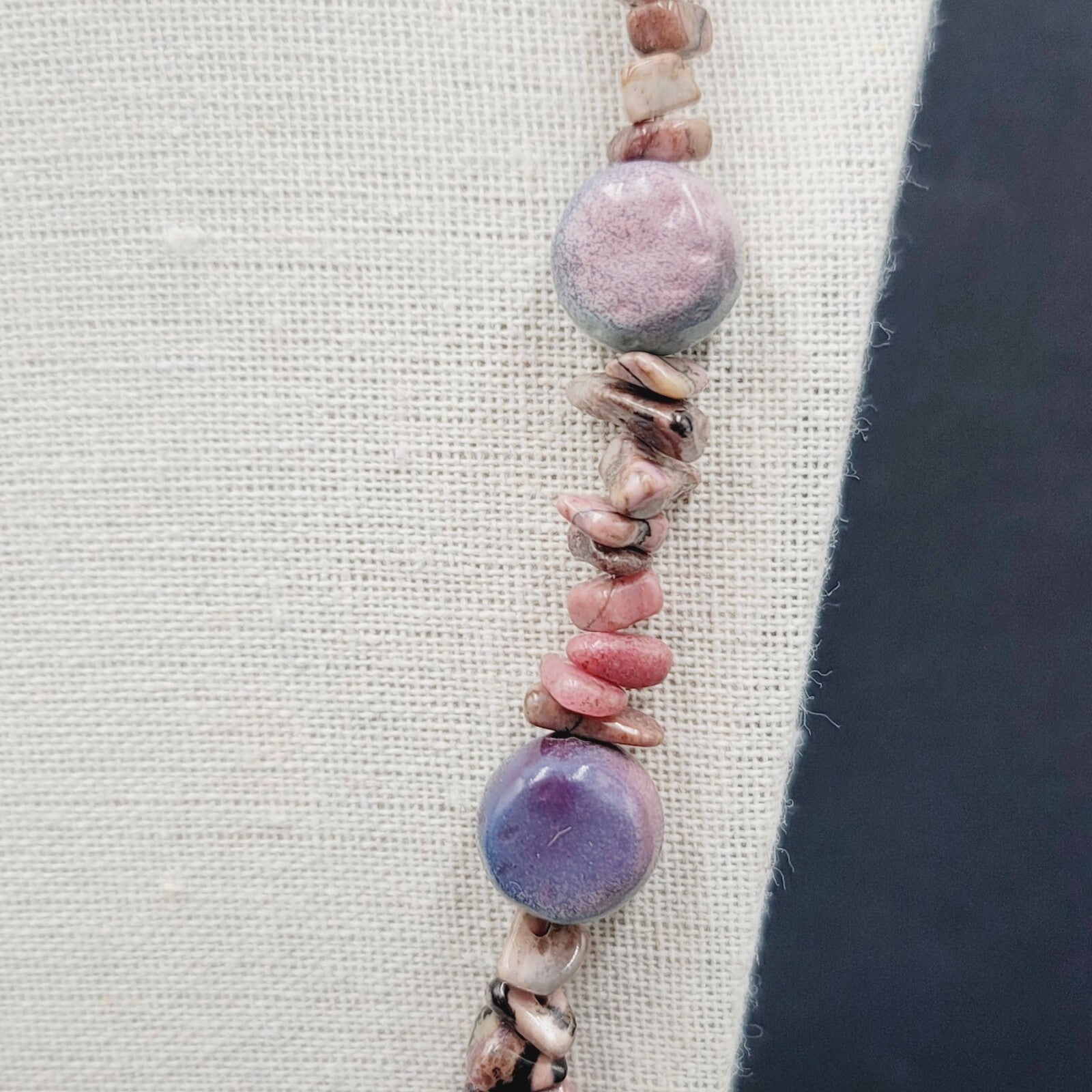 Pink Agate Stone and Pottery Art Bead Necklace 26" Barrel Clasp Artisan