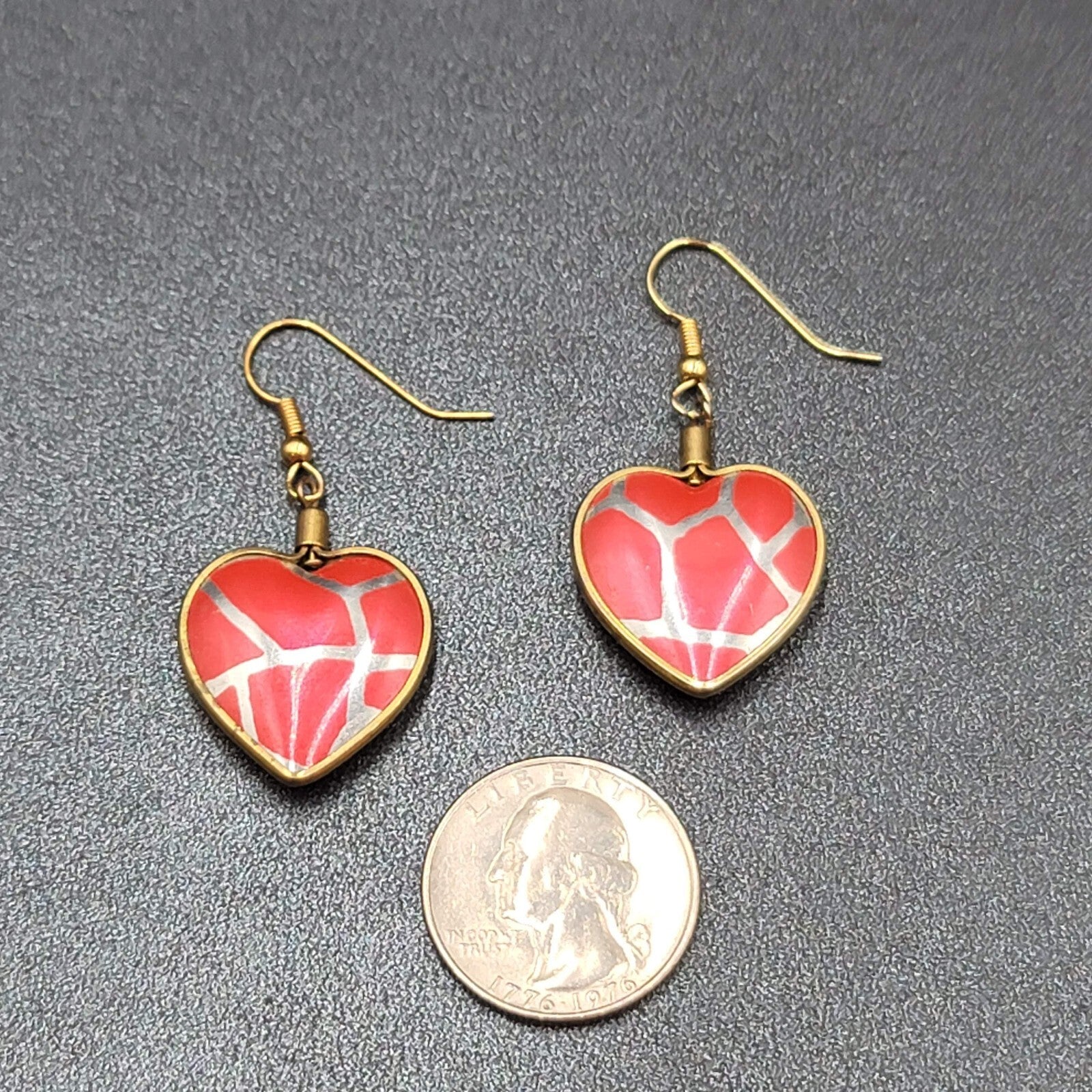 Vintage Pierced Earrings Gold toen Red Heart Dangle 1 1/8"