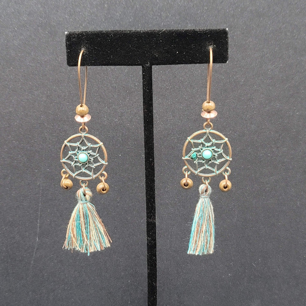 New Boho Pierced Earrings Copper tone Dreamcatcher Wood Bead Blue Tassel 2"