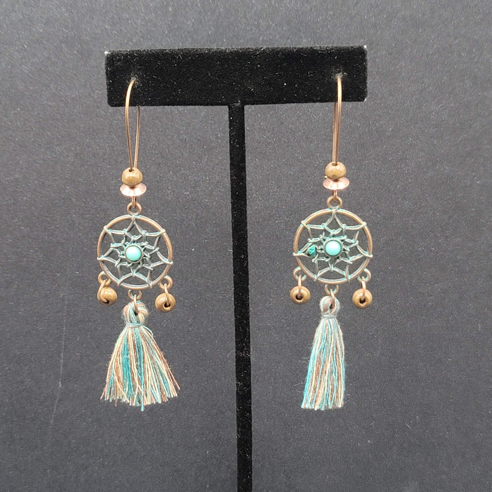 New Boho Pierced Earrings Copper tone Dreamcatcher Wood Bead Blue Tassel 2"