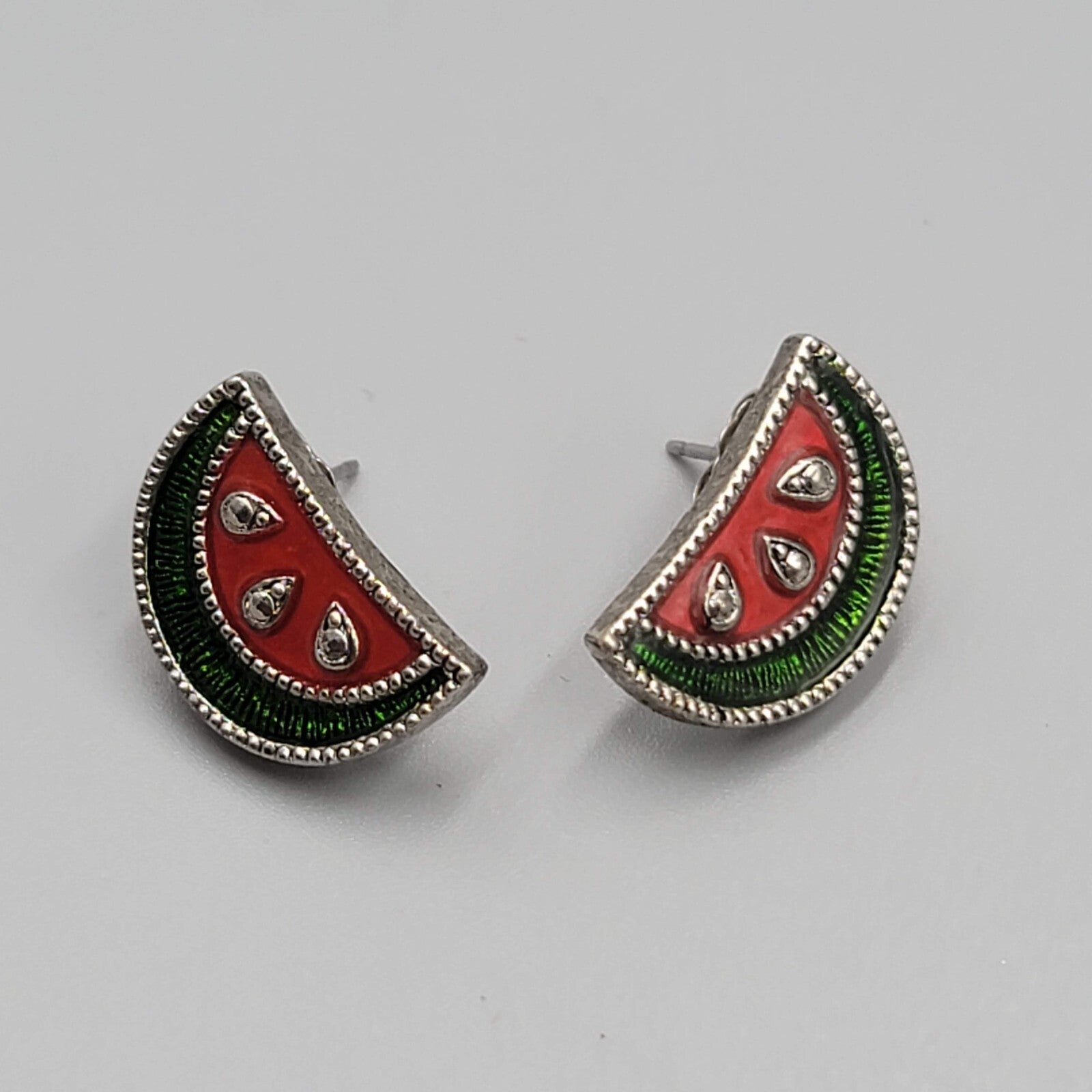 Avon Watermelon Pierced Earrings Enamel Silver tone Drop 3/4"