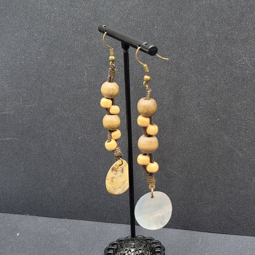 Boho Pierced Earrings Brown Cord Wooden Bead Shell Dangle 3"