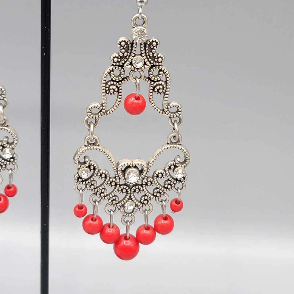 Chandelier Pierced Earrings Silver tone Red Bead Crystal Rhinestone 2.5"