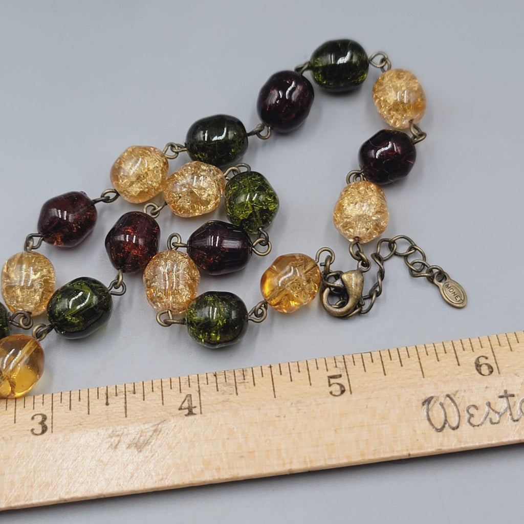 Monet Necklace Glass Bead Bronze tone Red Yellow Green 26"-28"