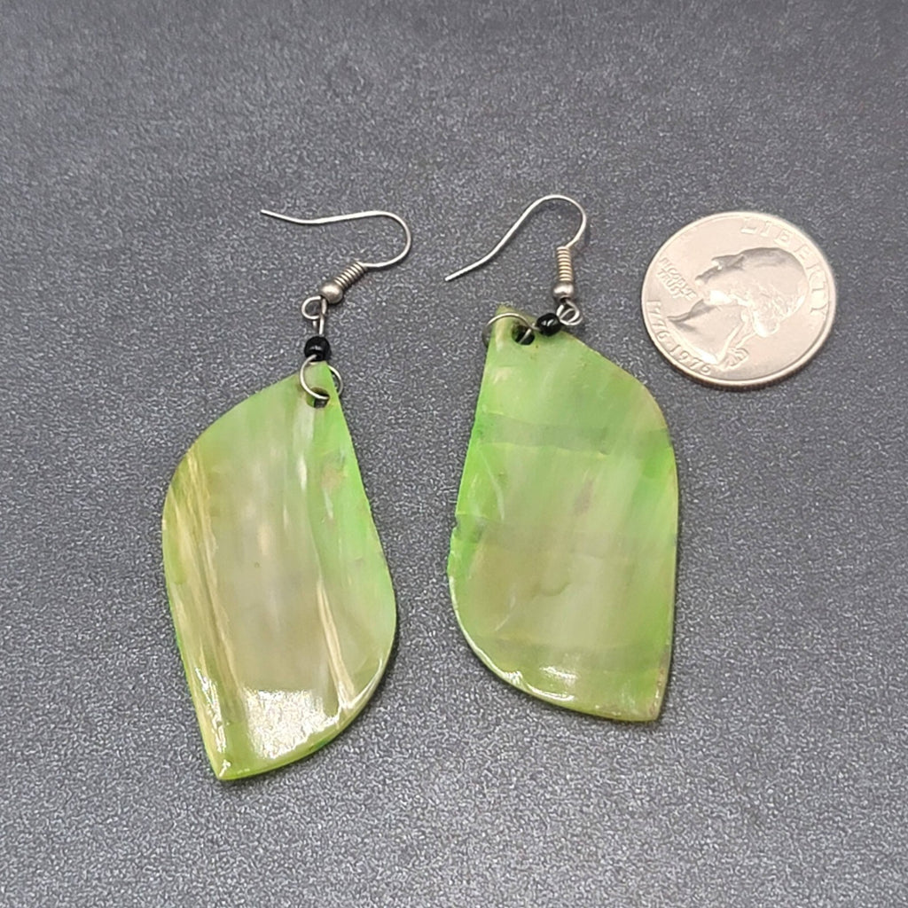 Pierced Earrings Silver tone Green Shell Hand Painted Dangle Acrylic 2.25"