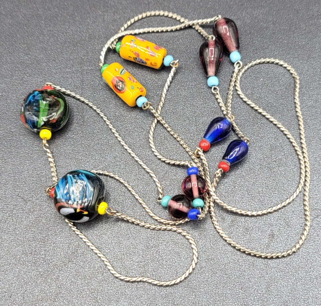 Art Glass Bead Necklace Silver tone Station Bead 44"