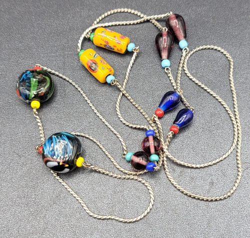 Art Glass Bead Necklace Silver tone Station Bead 44"