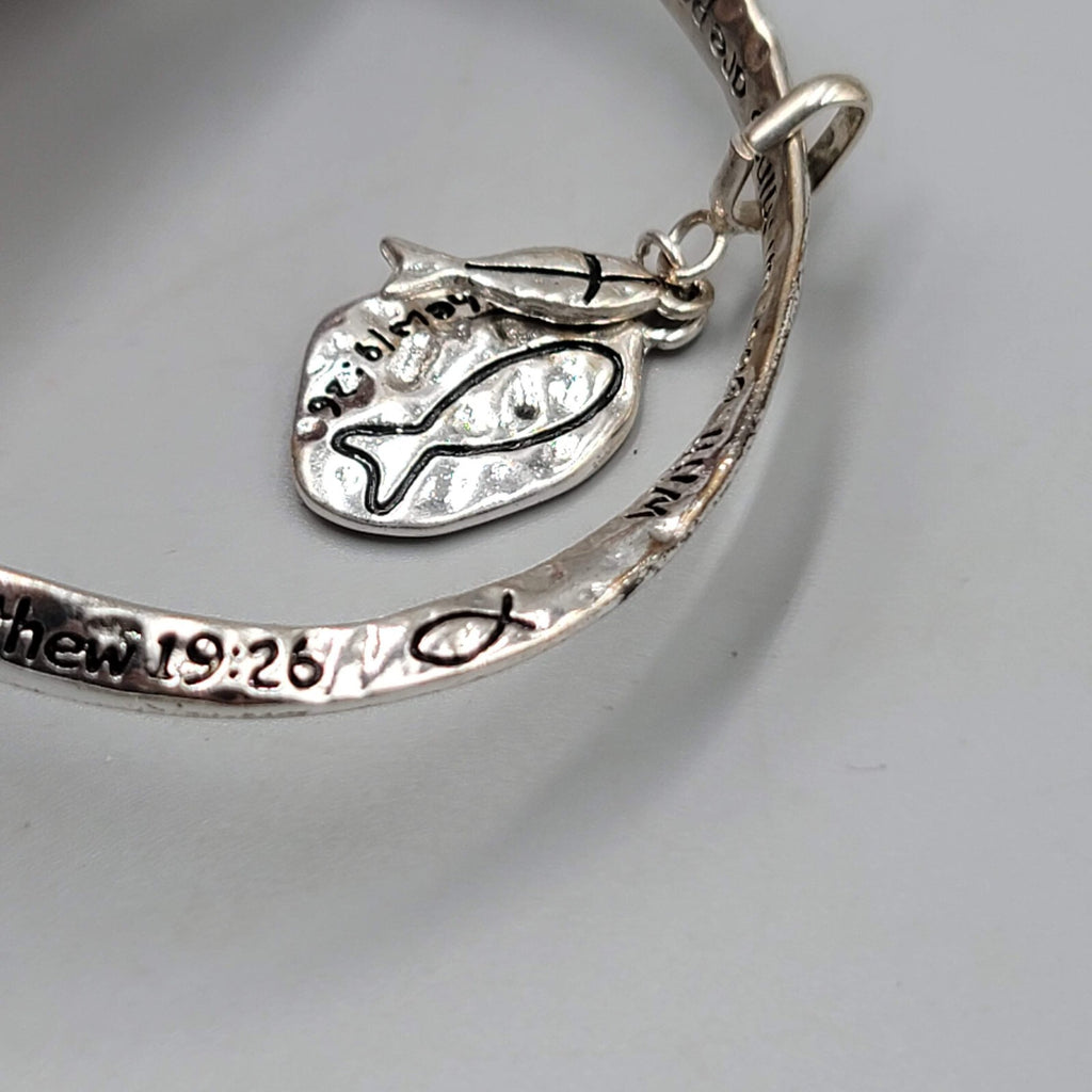 Matthew 19 Scripture Bangle Charm Bracelet Silver tone Fish Charm